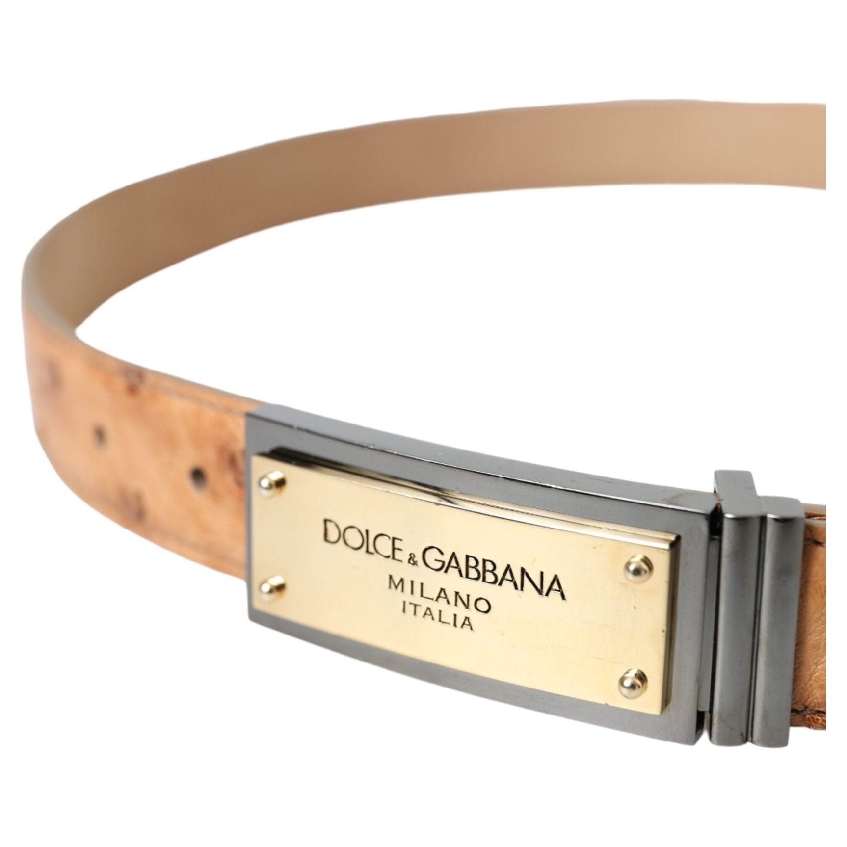 Beige Leather Gold Logo Engraved Buckle Belt