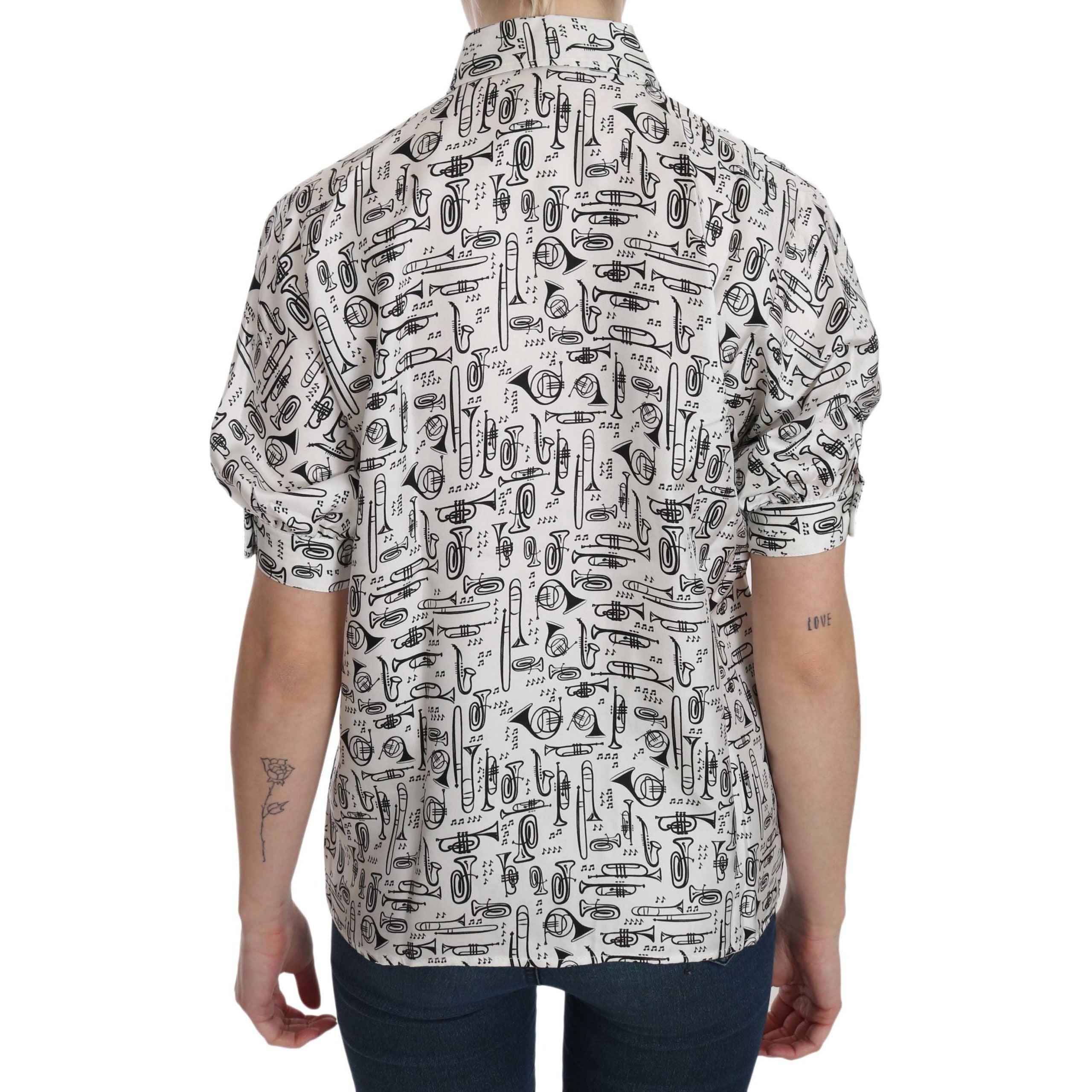 Musical Instrument Print Silk Collared Top