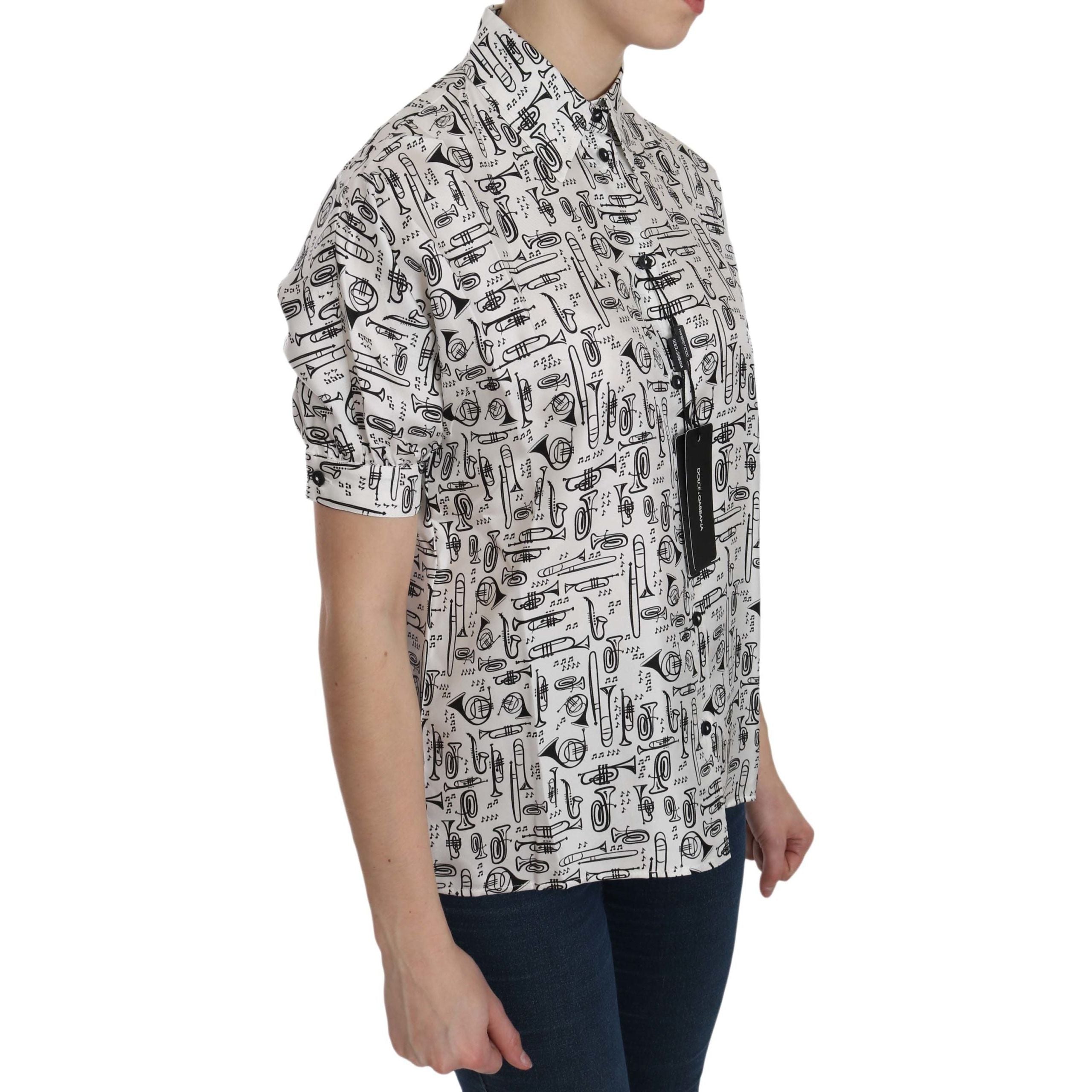 Musical Instrument Print Silk Collared Top