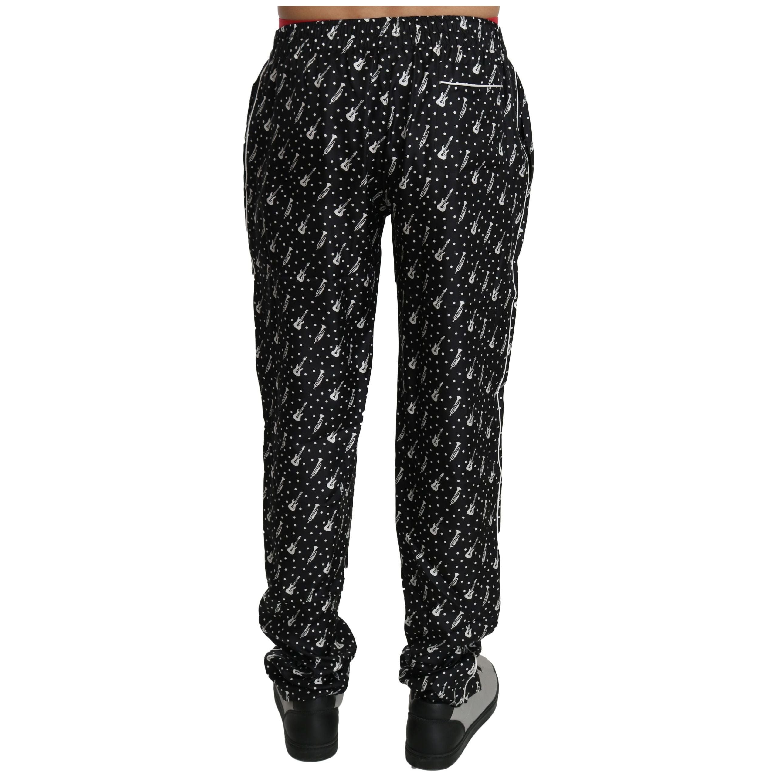 Elegant Black Musical Instrument Print Silk Pants