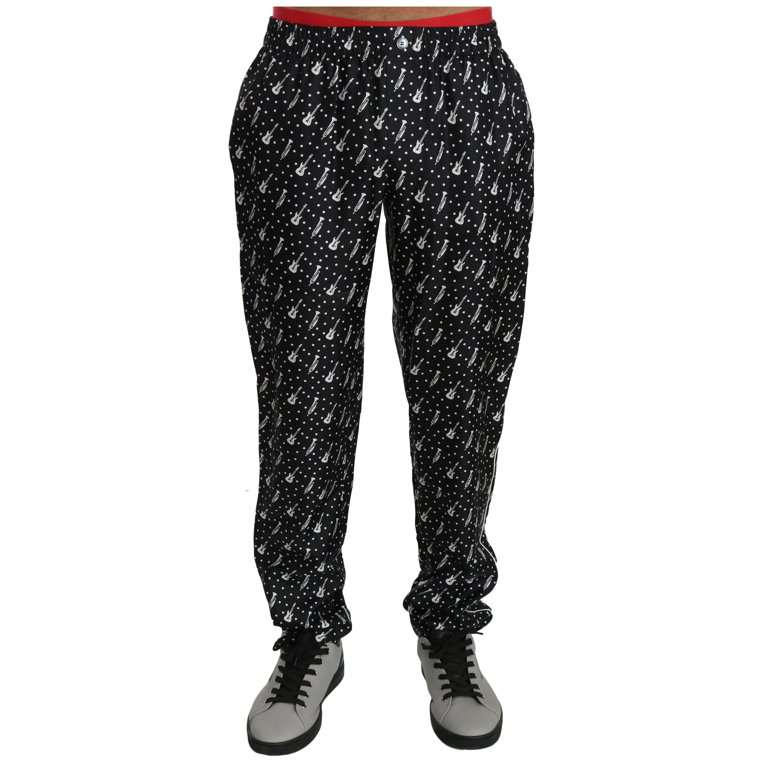 Elegant Black Musical Instrument Print Silk Pants