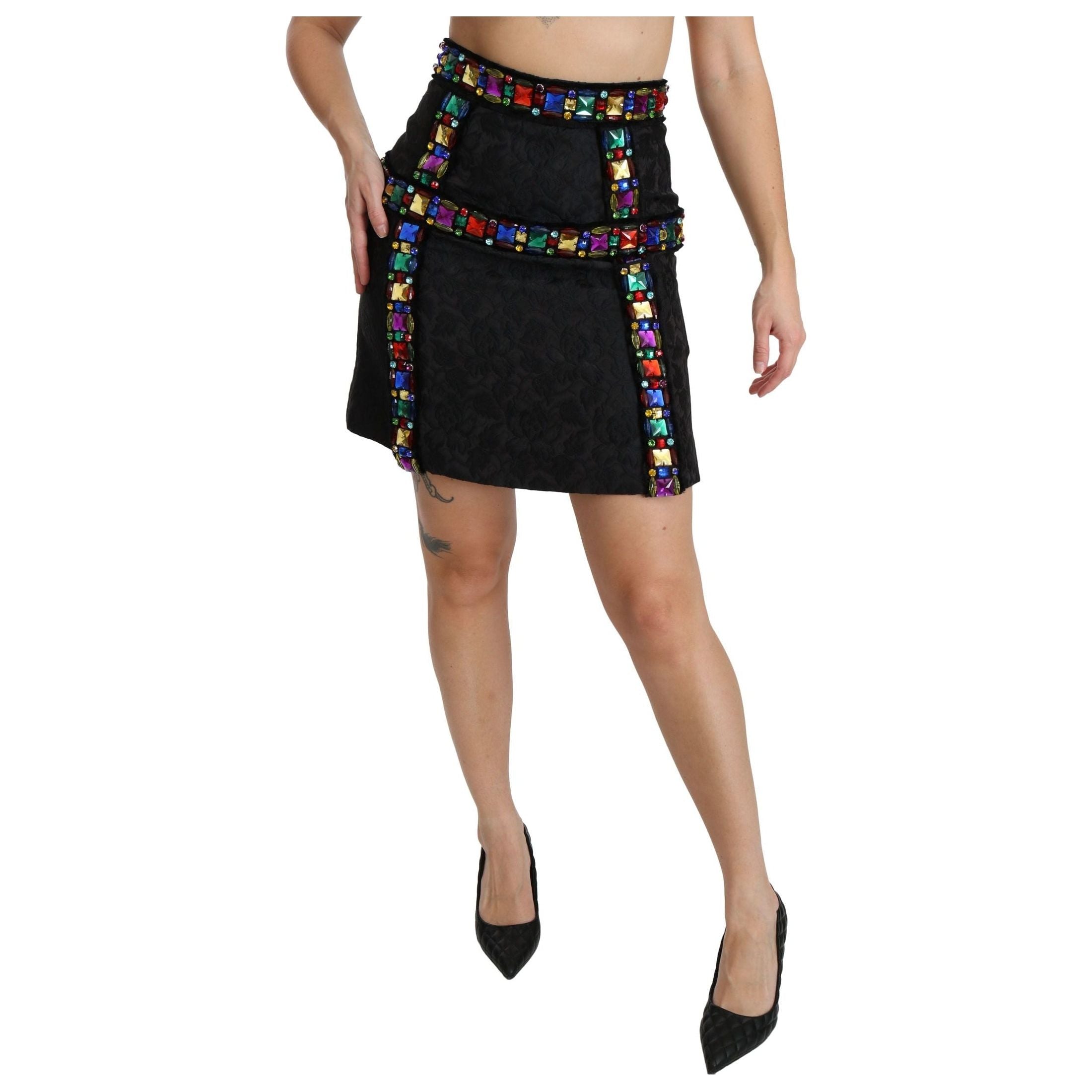 Elegant High-Waist Embellished Black Skirt