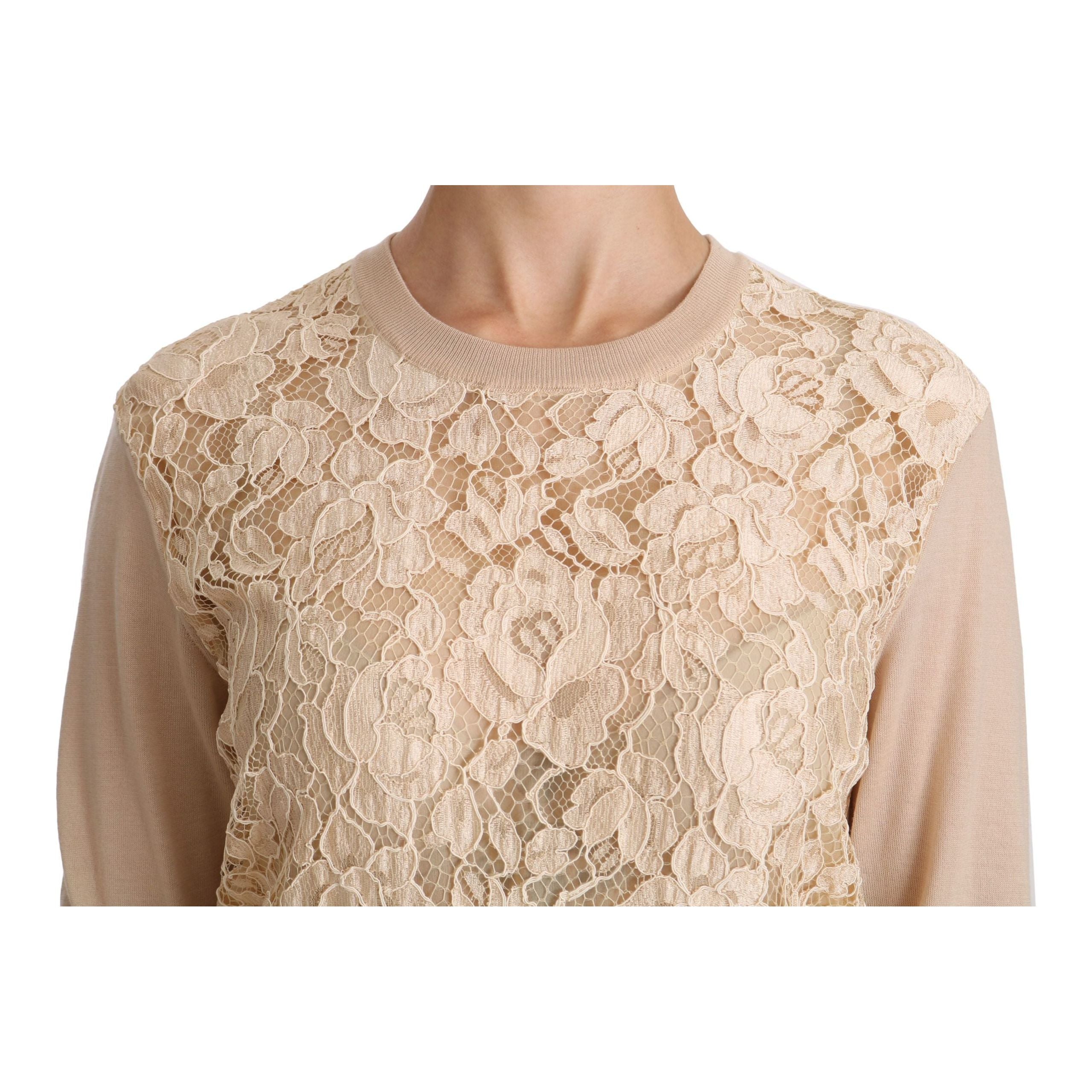 Elegant Beige Lace Crew Neck Cashmere Blouse