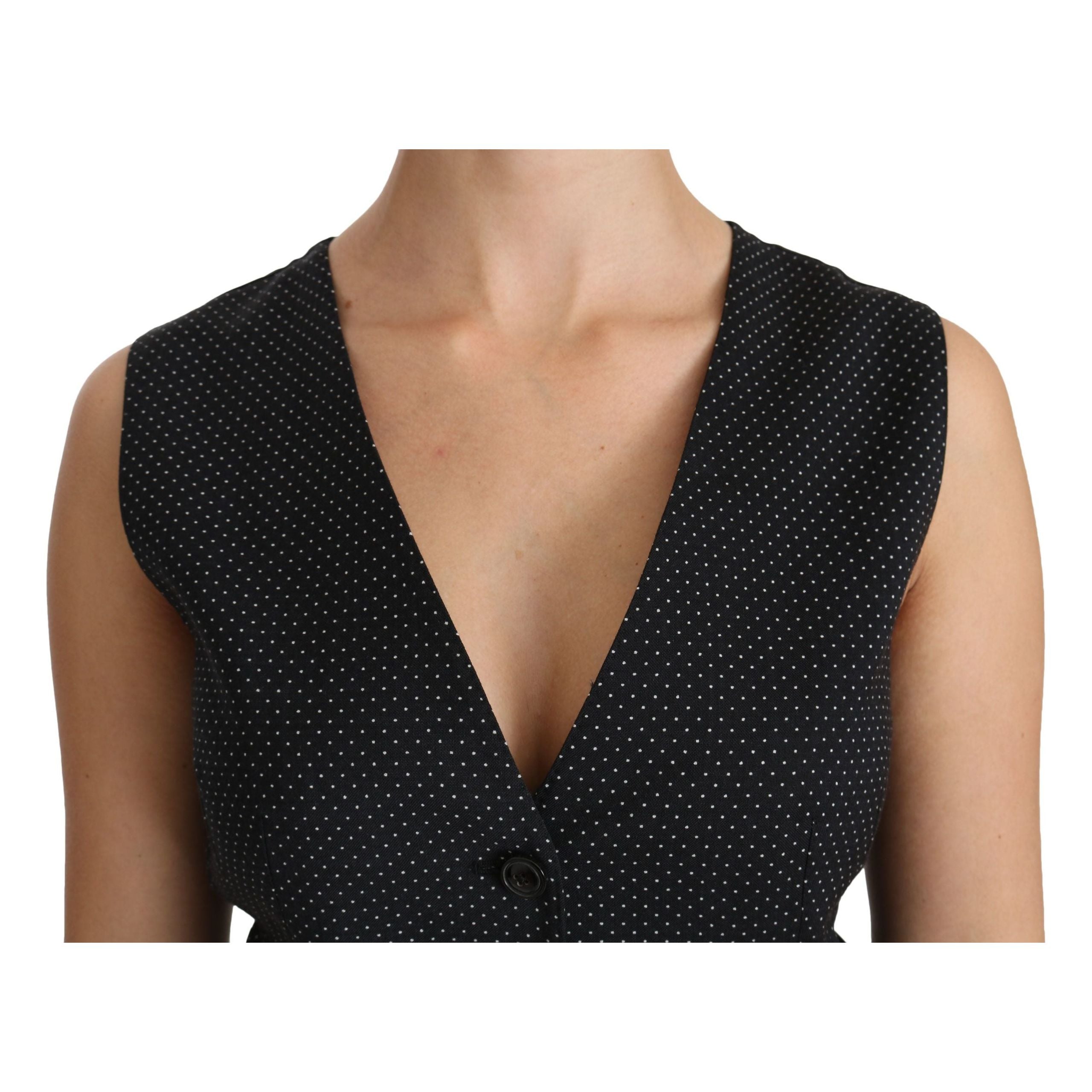 Chic Black Dotted Wool Blend Sleeveless Vest