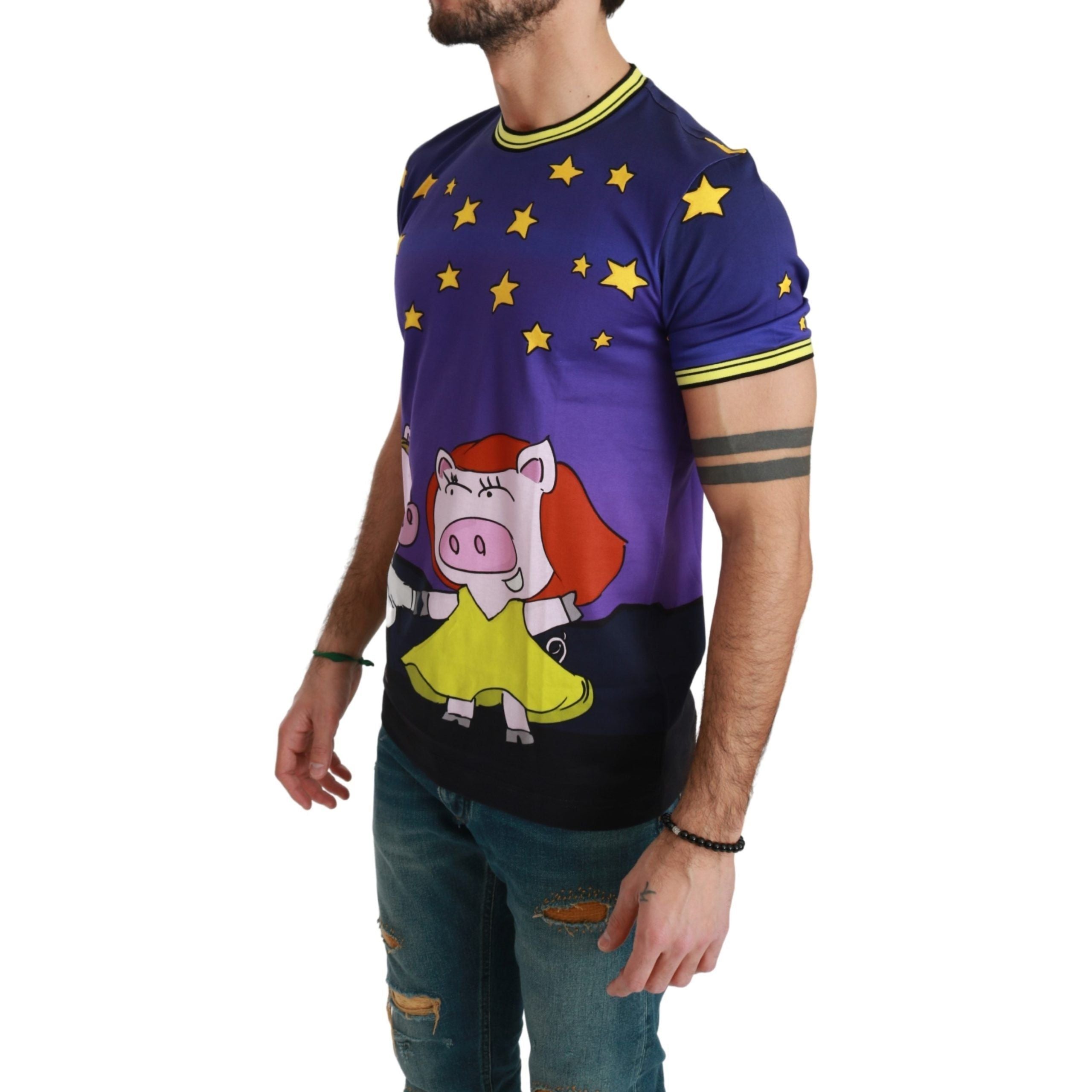 Purple Cotton Round Neck T-Shirt with Pig Motif