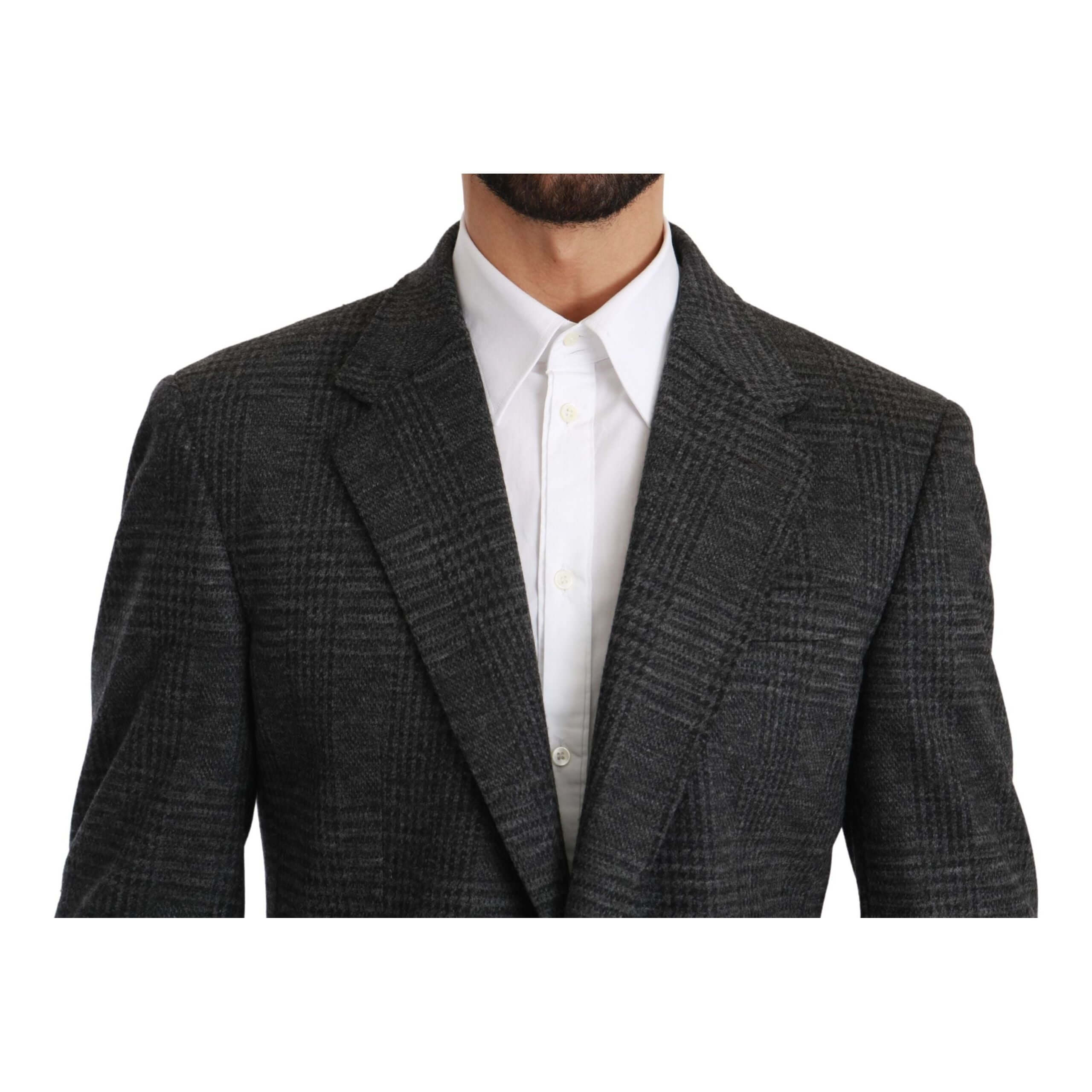 Elegant Gray Plaid Virgin Wool Blazer