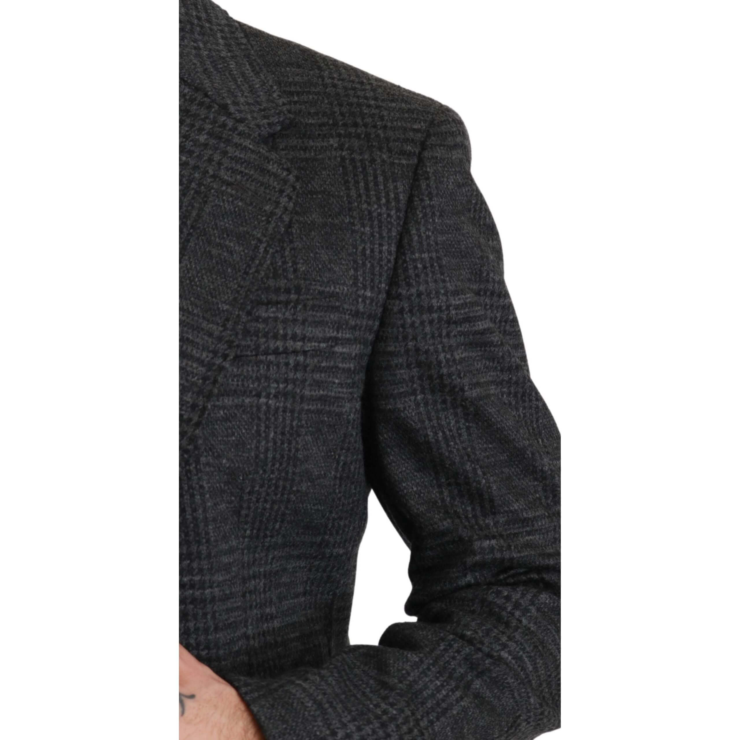 Elegant Gray Plaid Virgin Wool Blazer