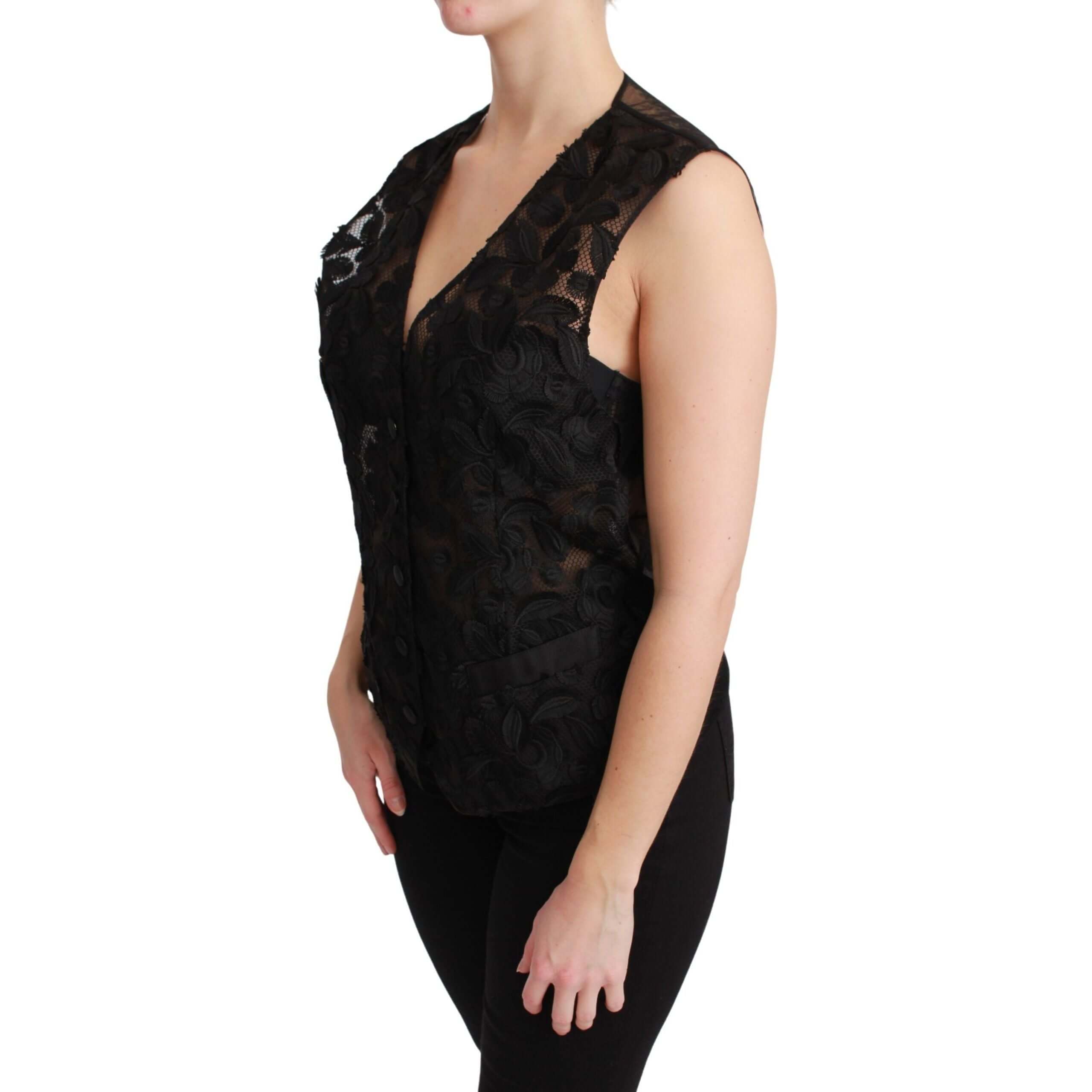 Elegant Floral Black Silk Blend Vest