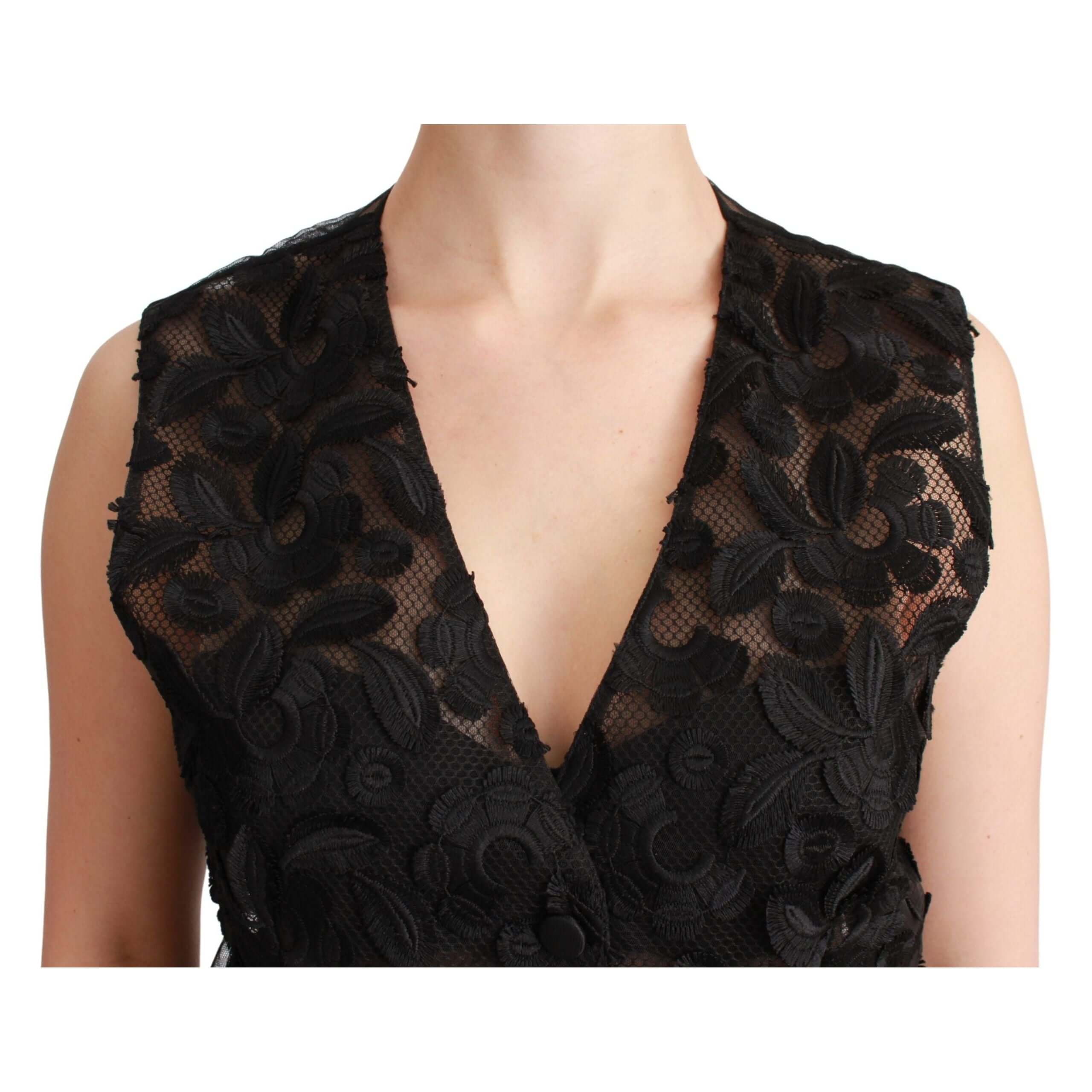 Elegant Floral Black Silk Blend Vest