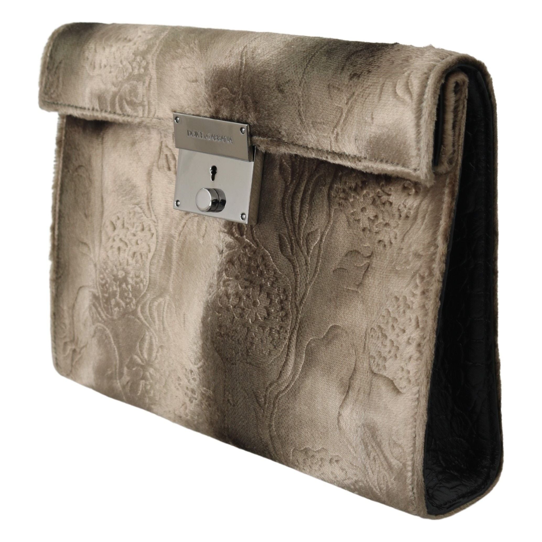 Beige Velvet Croco-Print Leather Briefcase Clutch