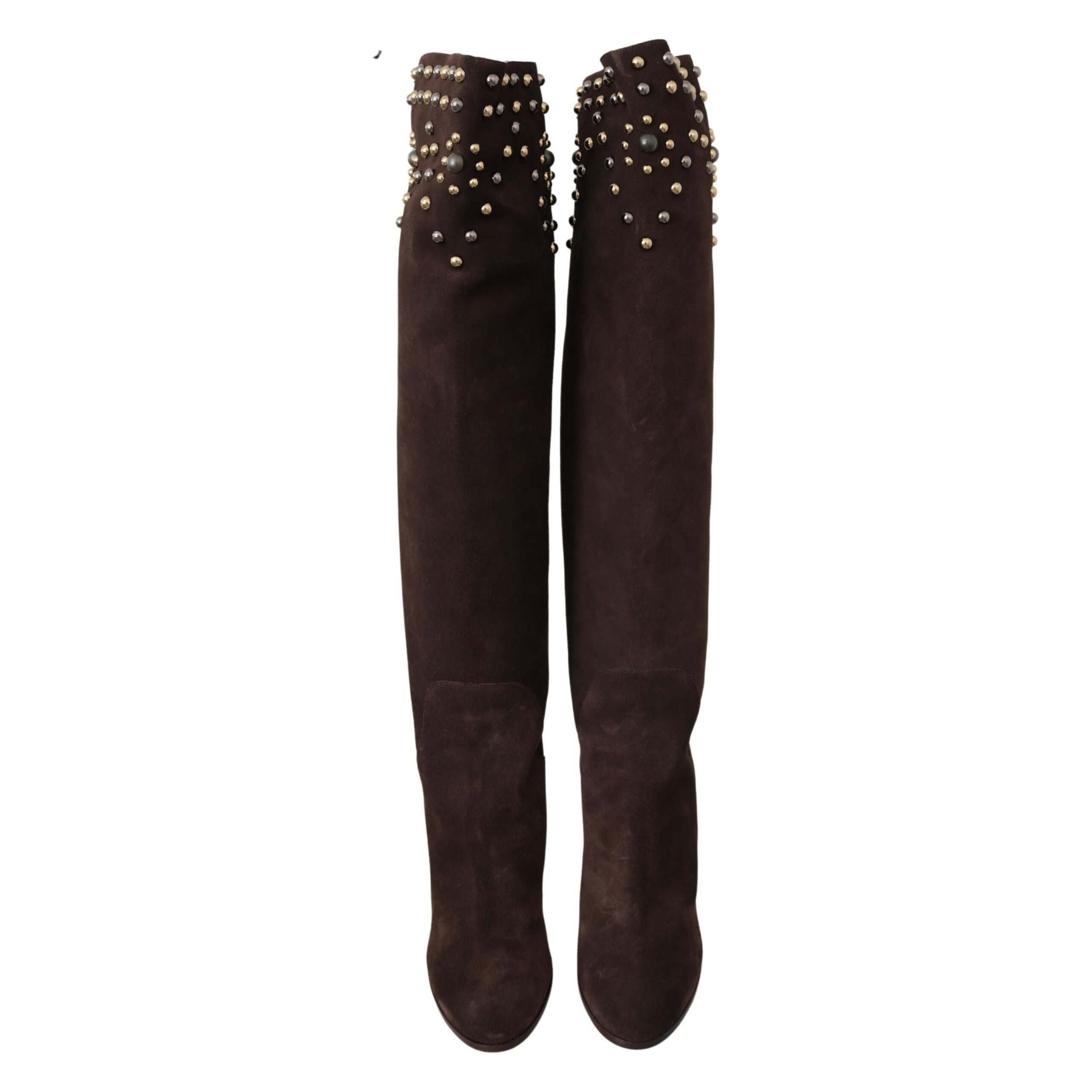 Studded Suede Knee High Boots in Brown