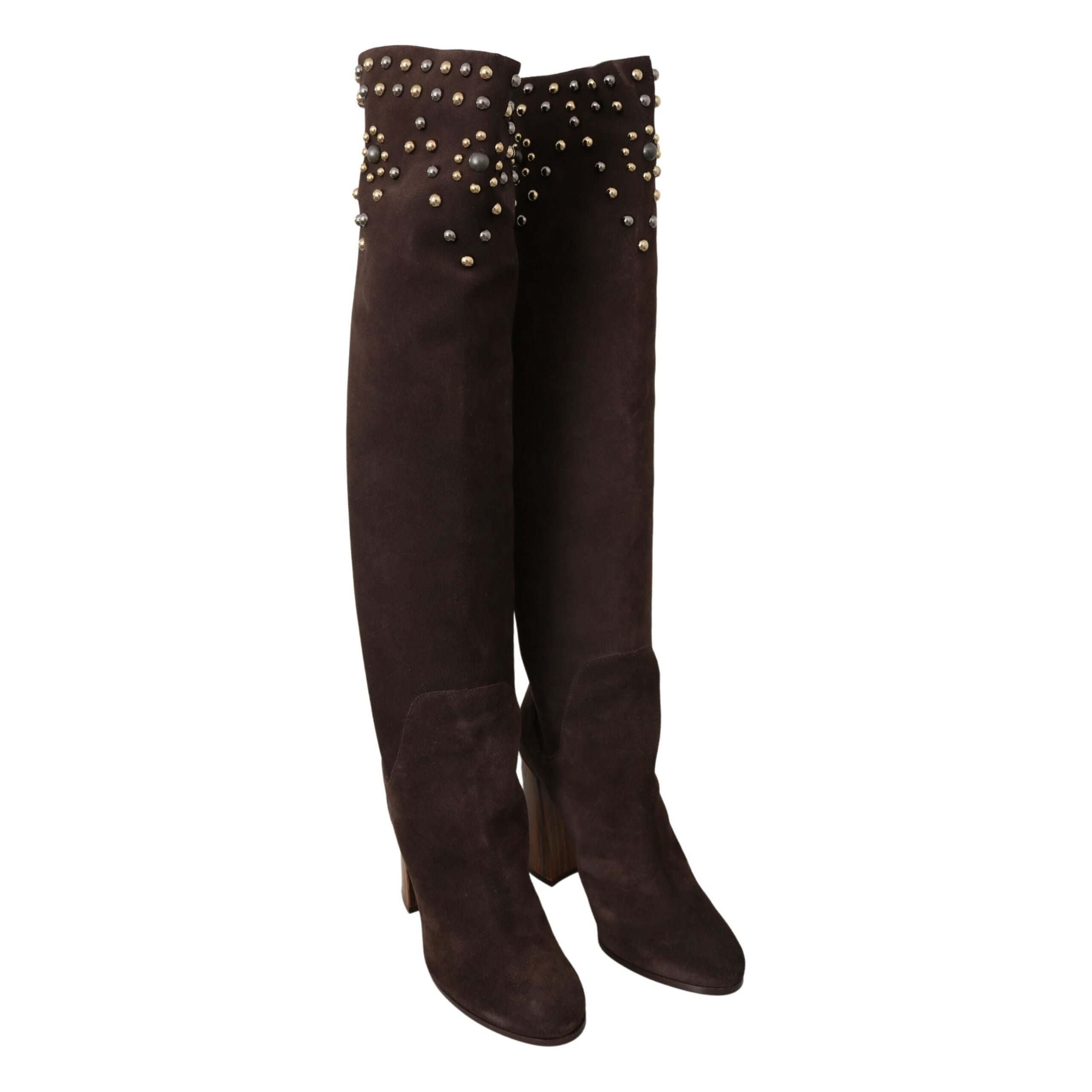 Studded Suede Knee High Boots in Brown