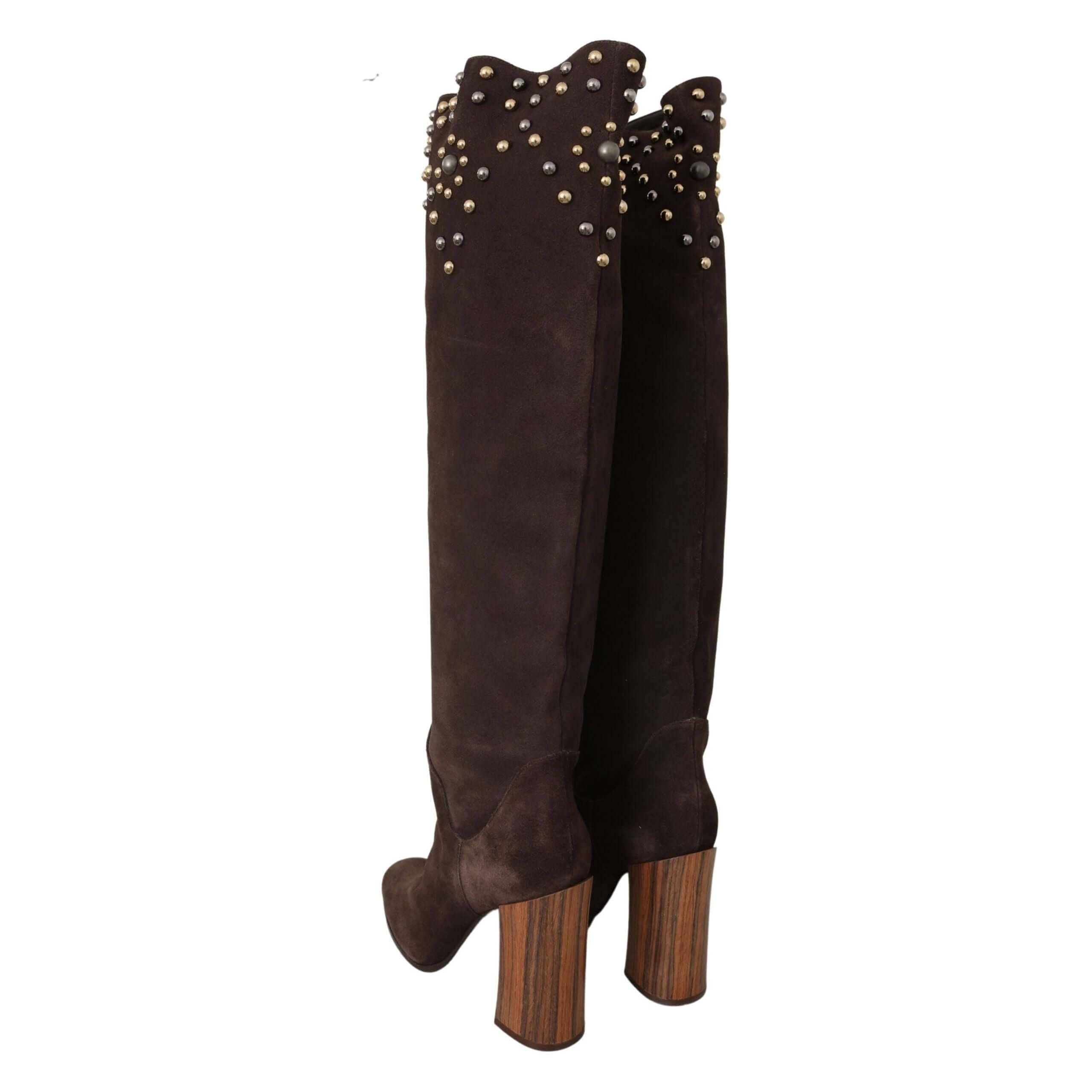 Studded Suede Knee High Boots in Brown