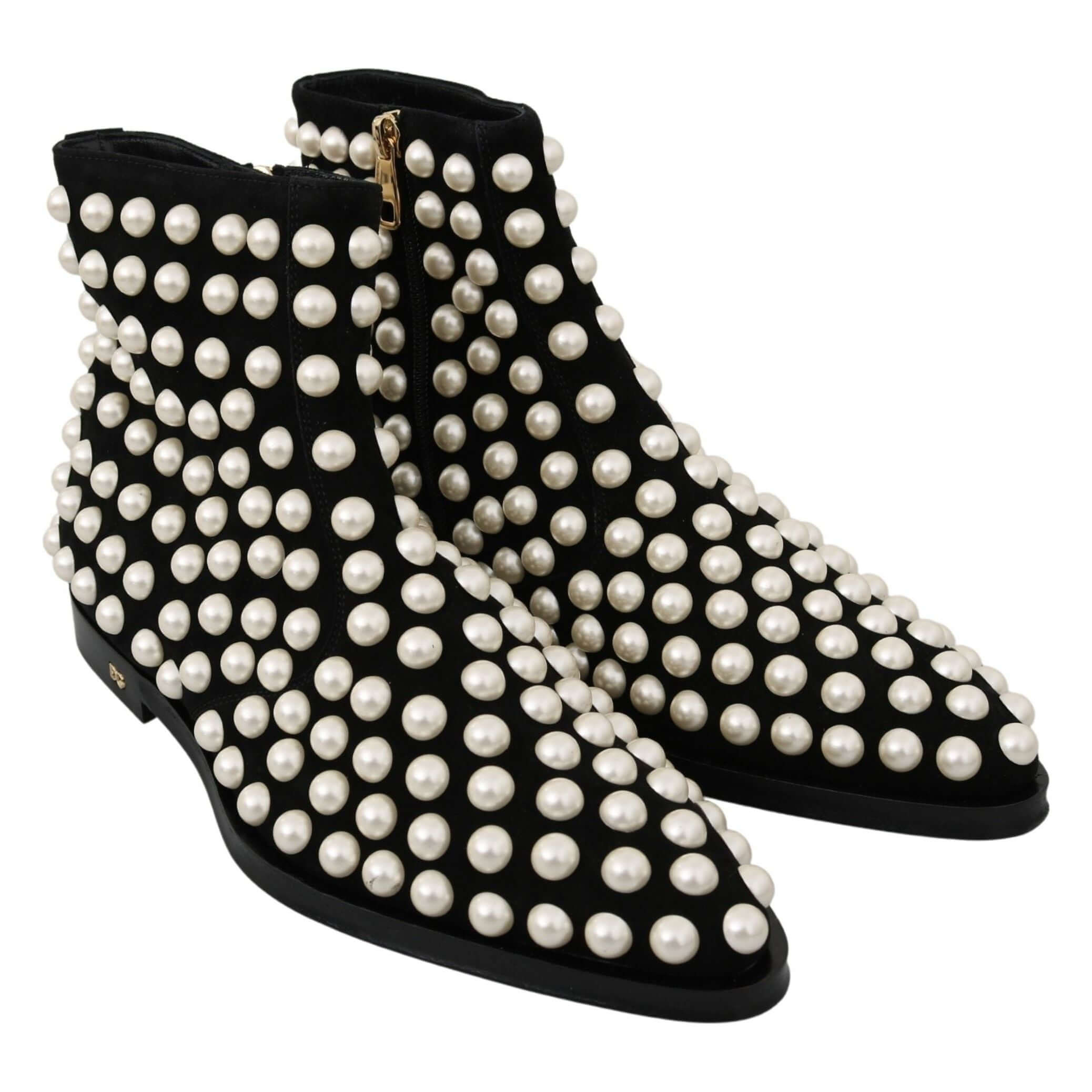 Chic Black Suede Ankle Boots with Pearls