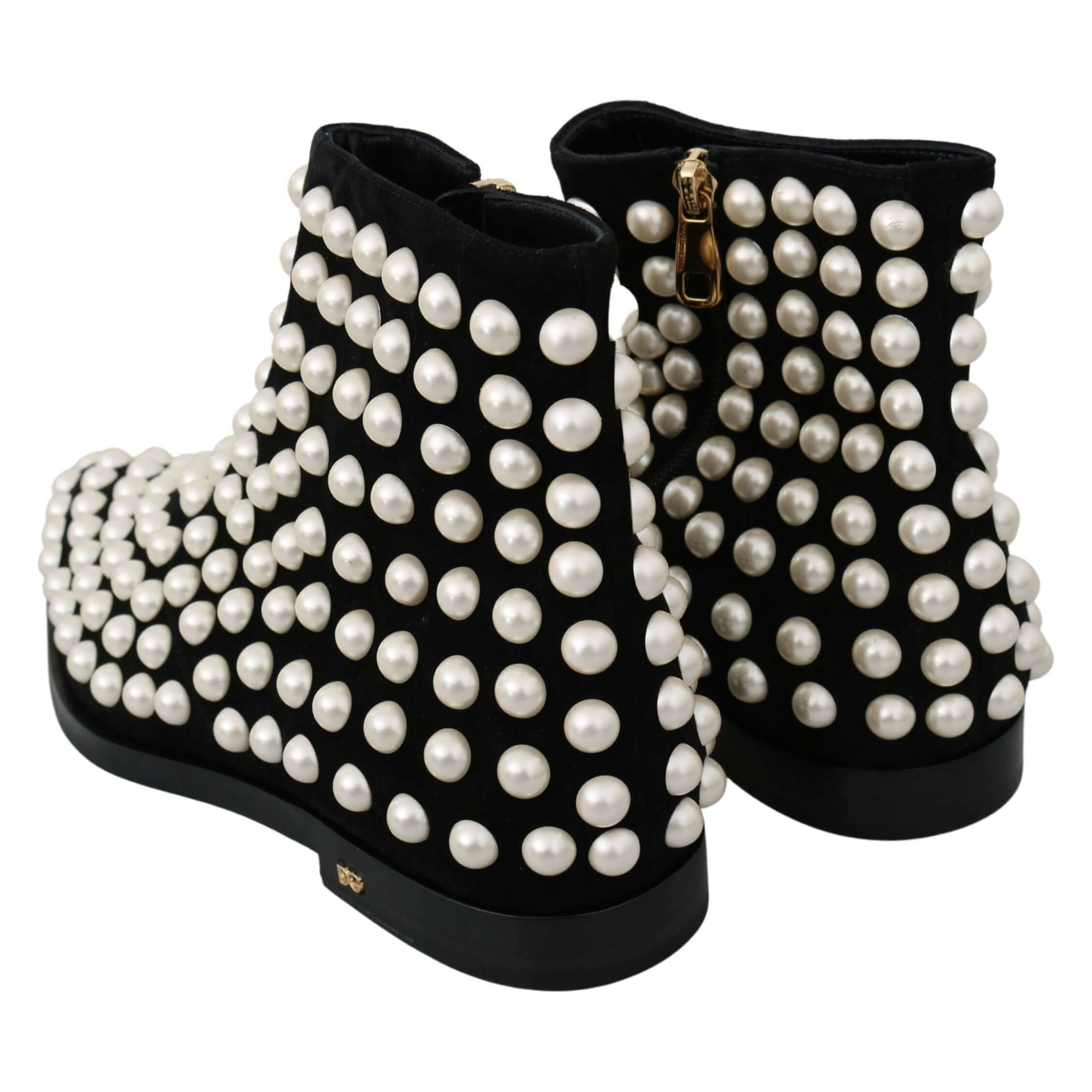 Chic Black Suede Ankle Boots with Pearls