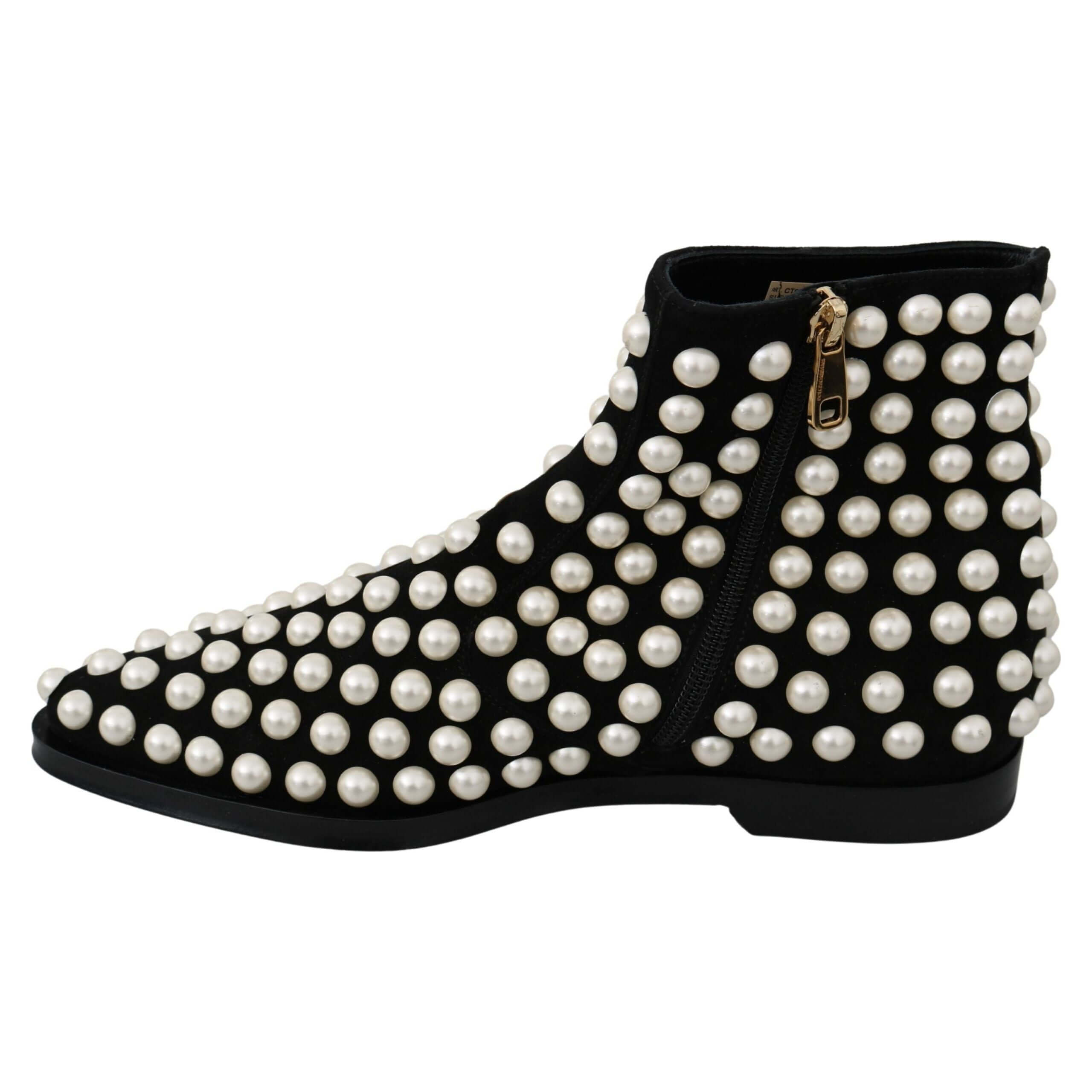 Chic Black Suede Ankle Boots with Pearls