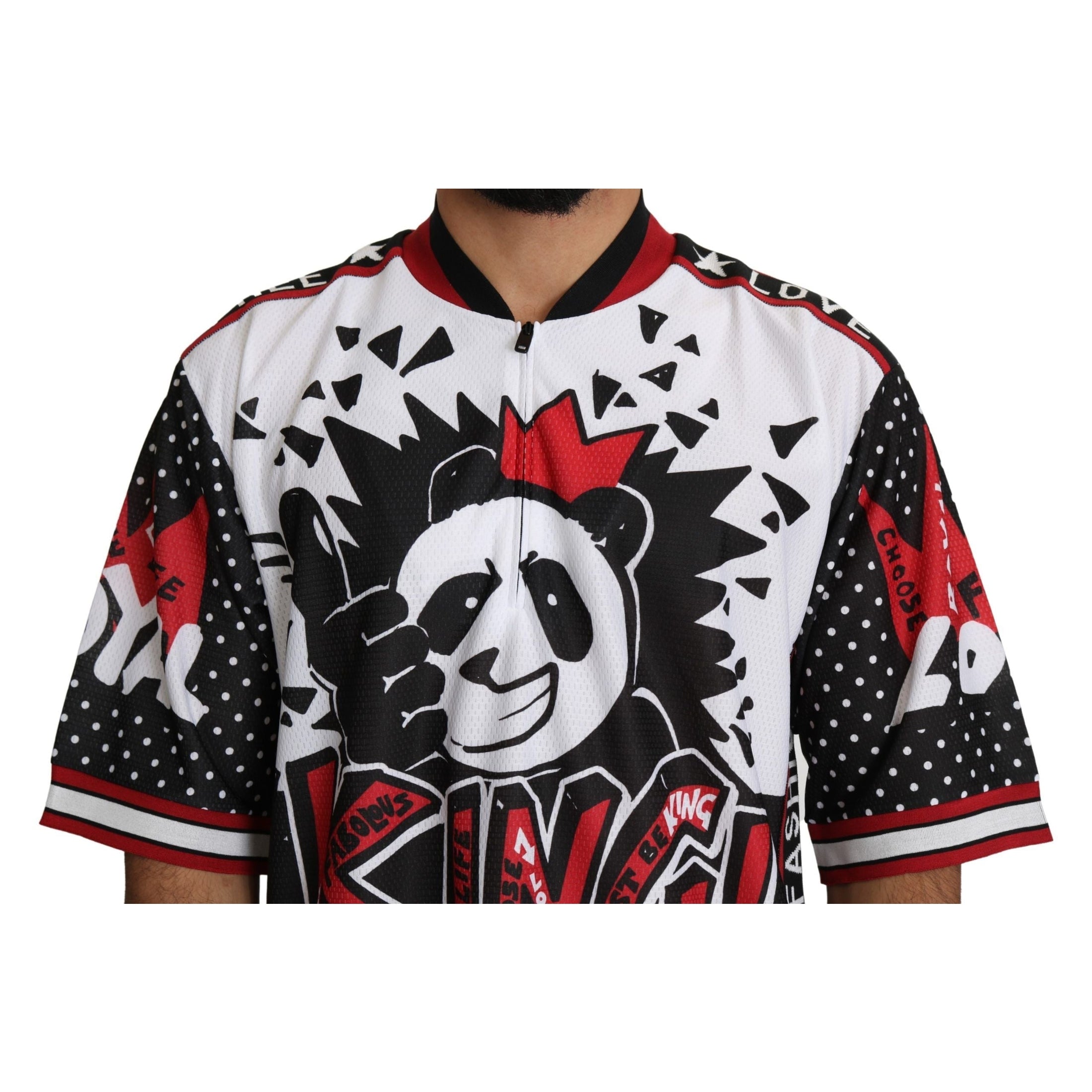 Chic White King Panda Print Zipper Collar Tee