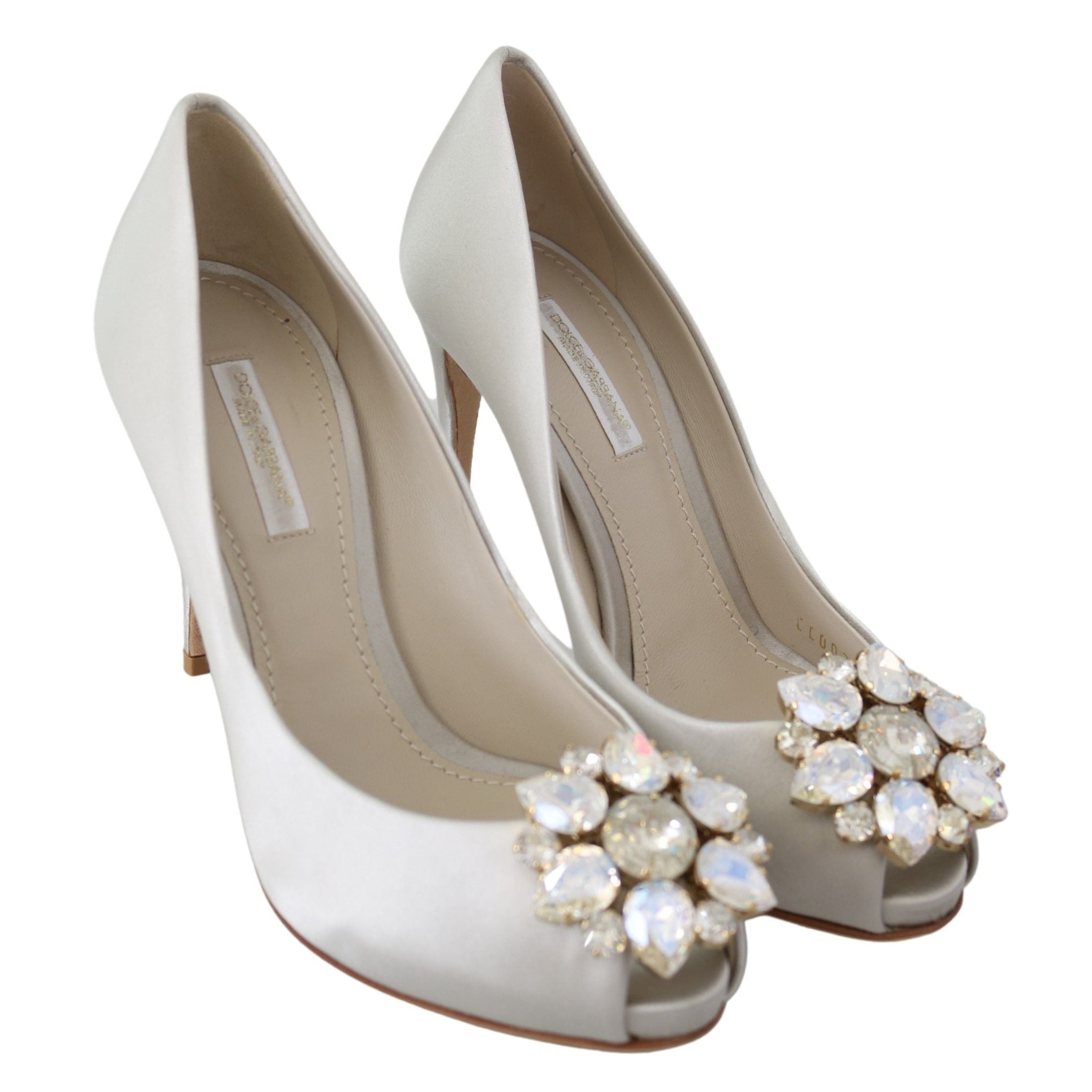 White Crystal Peep Toe Silk Blend Heels