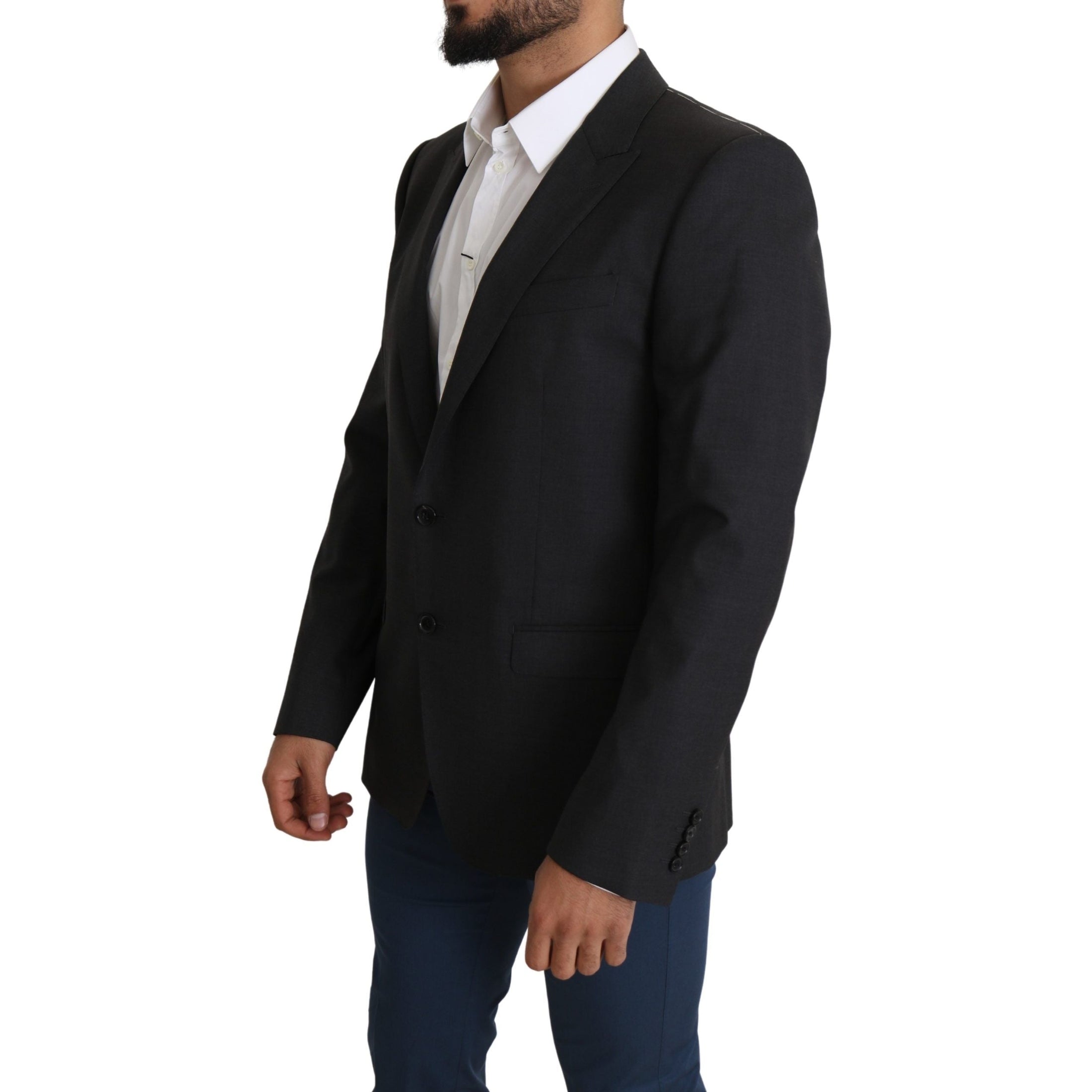 Elegant Gray Wool Silk Blend Slim Fit Blazer