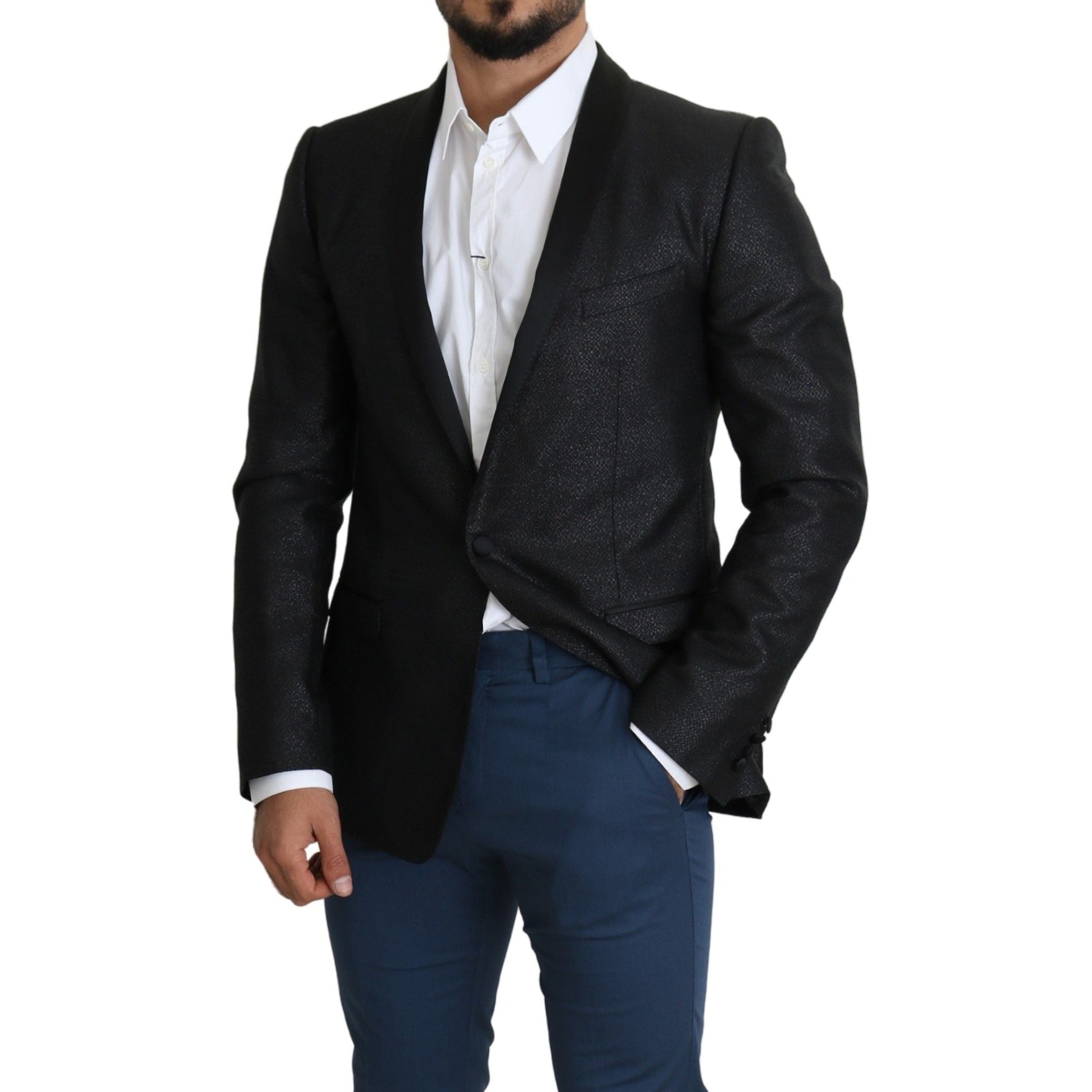 Elegant Black Jacquard Slim Fit Blazer