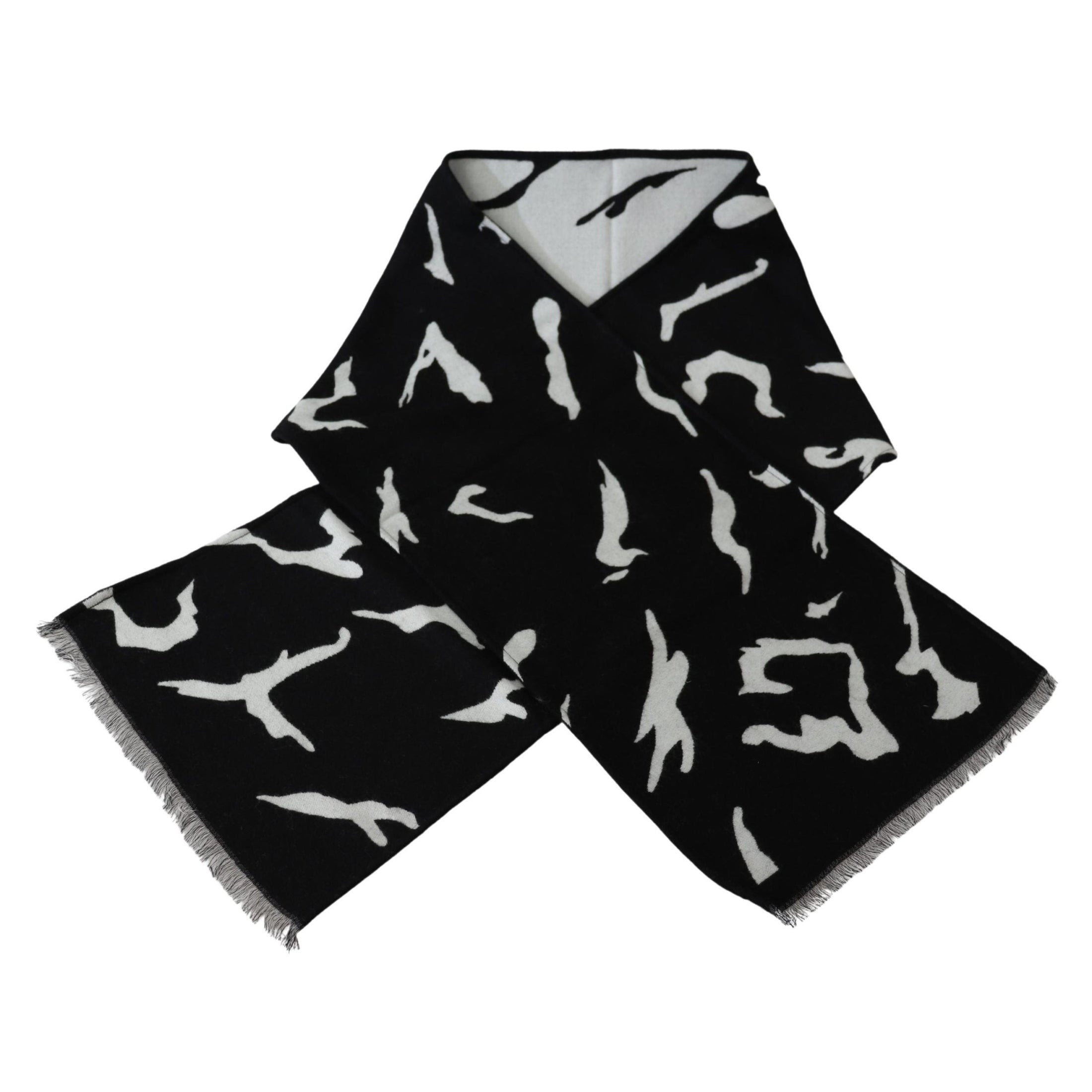 Elegant Unisex Wool-Silk Scarf in Black & White