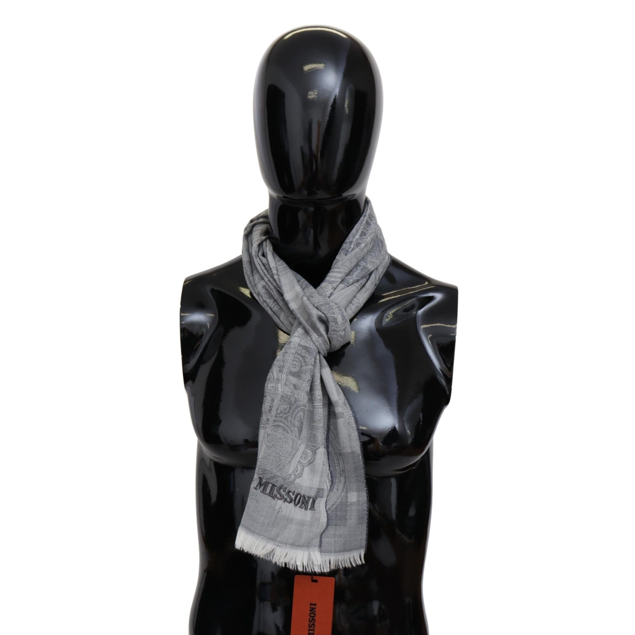 Chic Unisex Gray Wool Scarf with Logo Embroidery