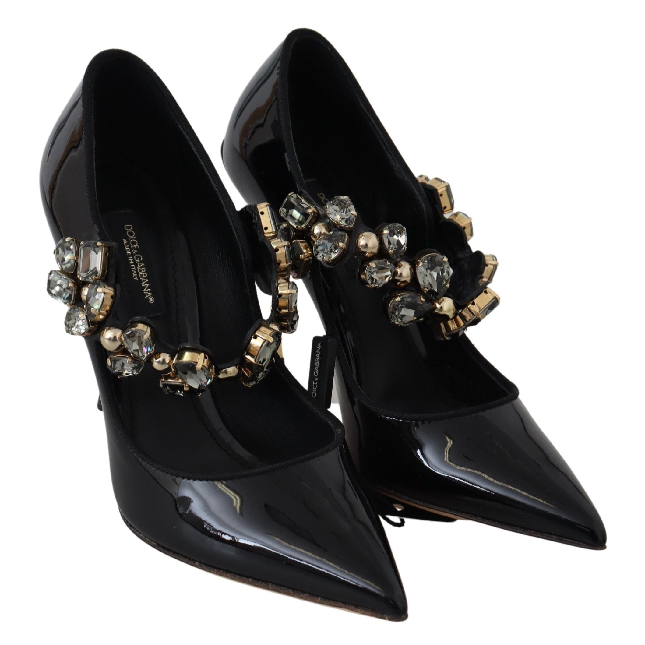 Elegant Black Leather Crystal Pumps