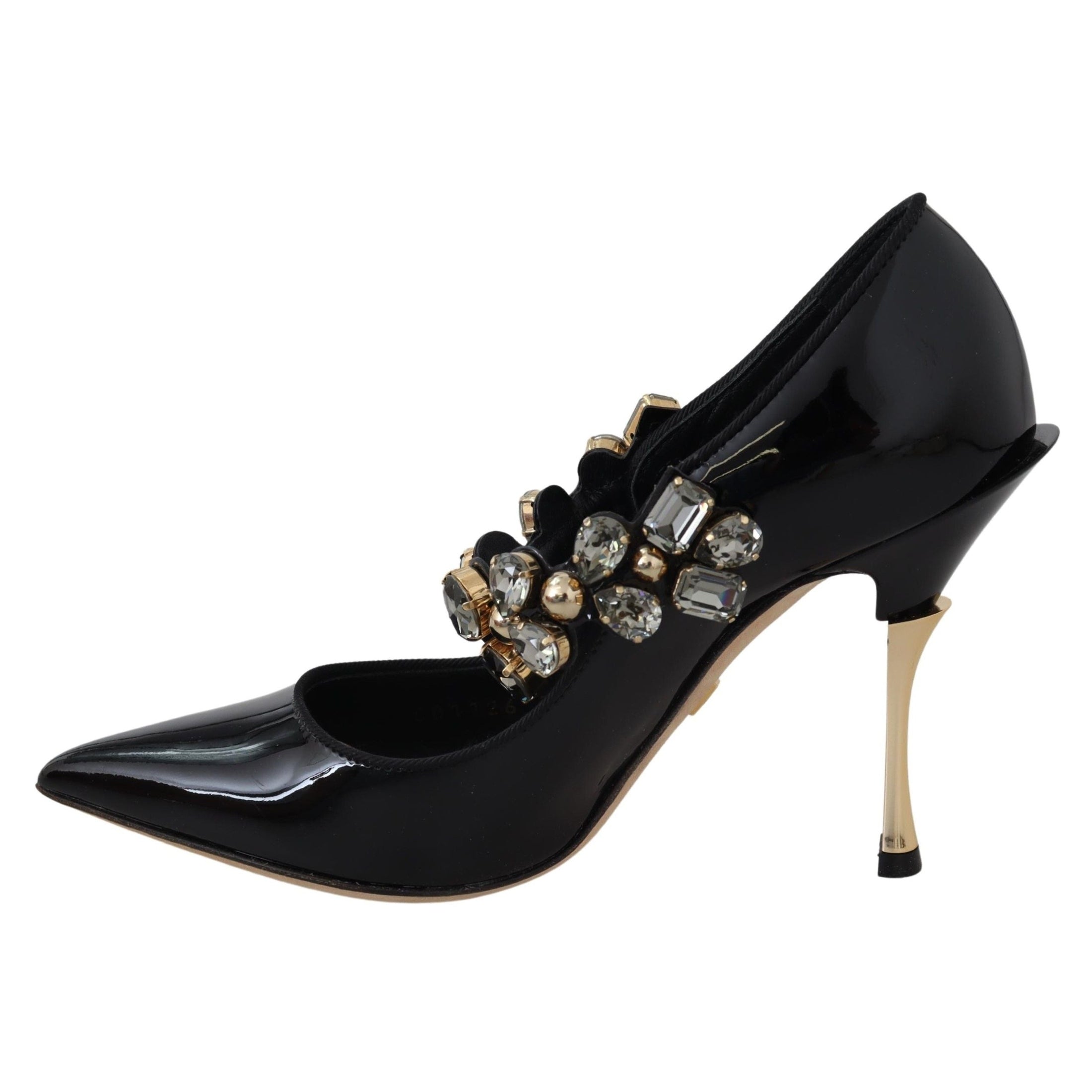 Elegant Black Leather Crystal Pumps