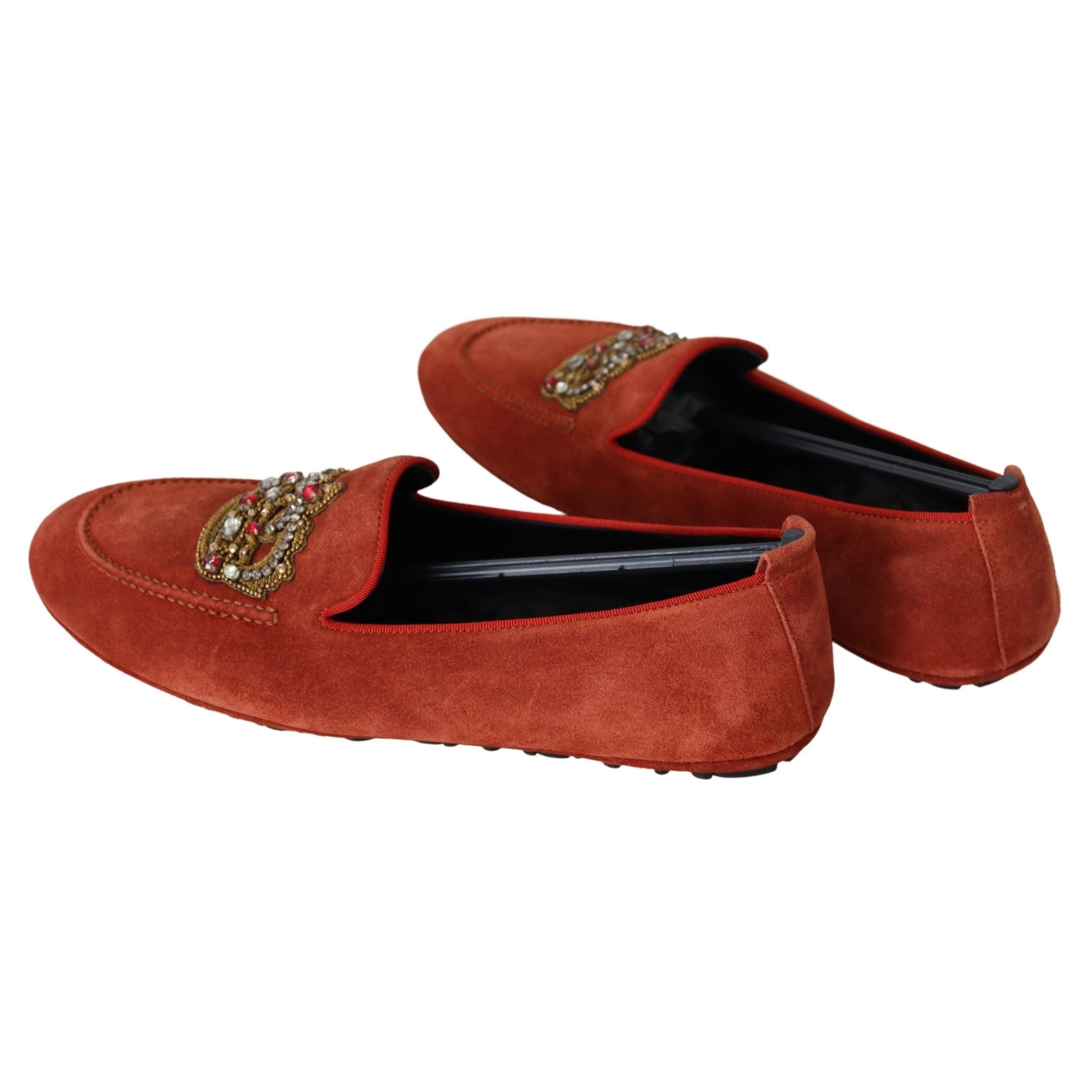 Opulent Orange Leather Loafers with Gold Embroidery