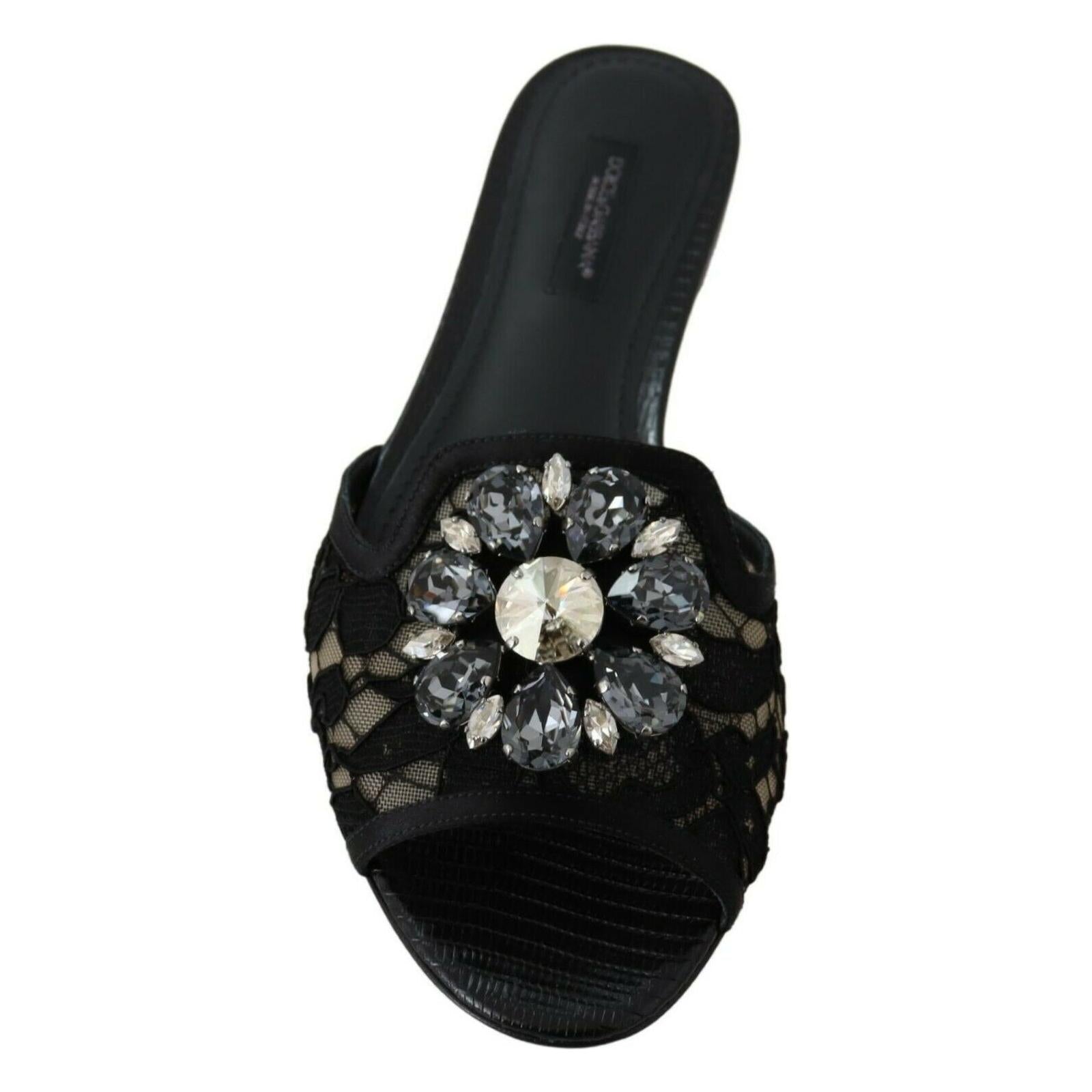 Elegant Black Lace Mules with Jewel Flower Detail