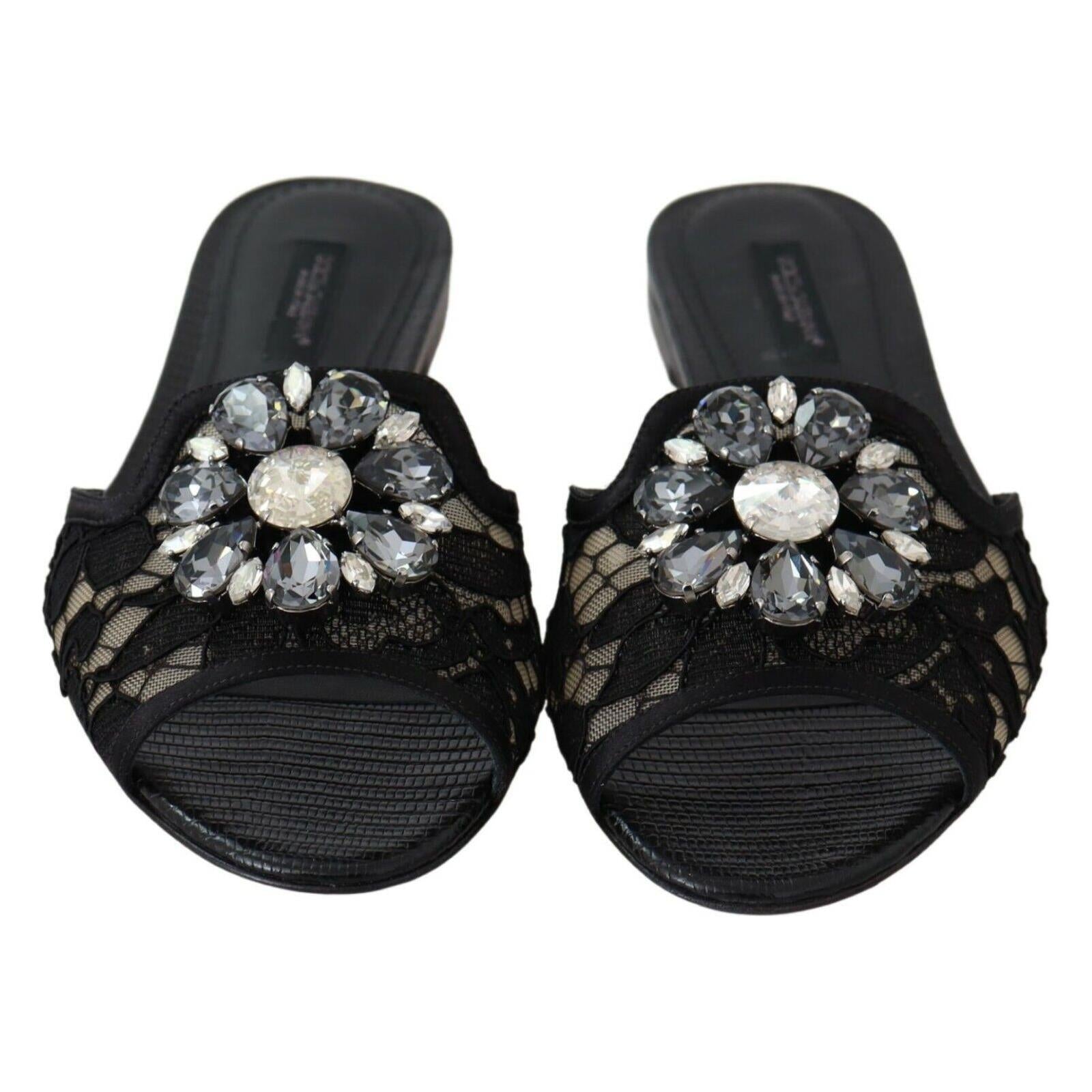 Elegant Black Lace Mules with Jewel Flower Detail