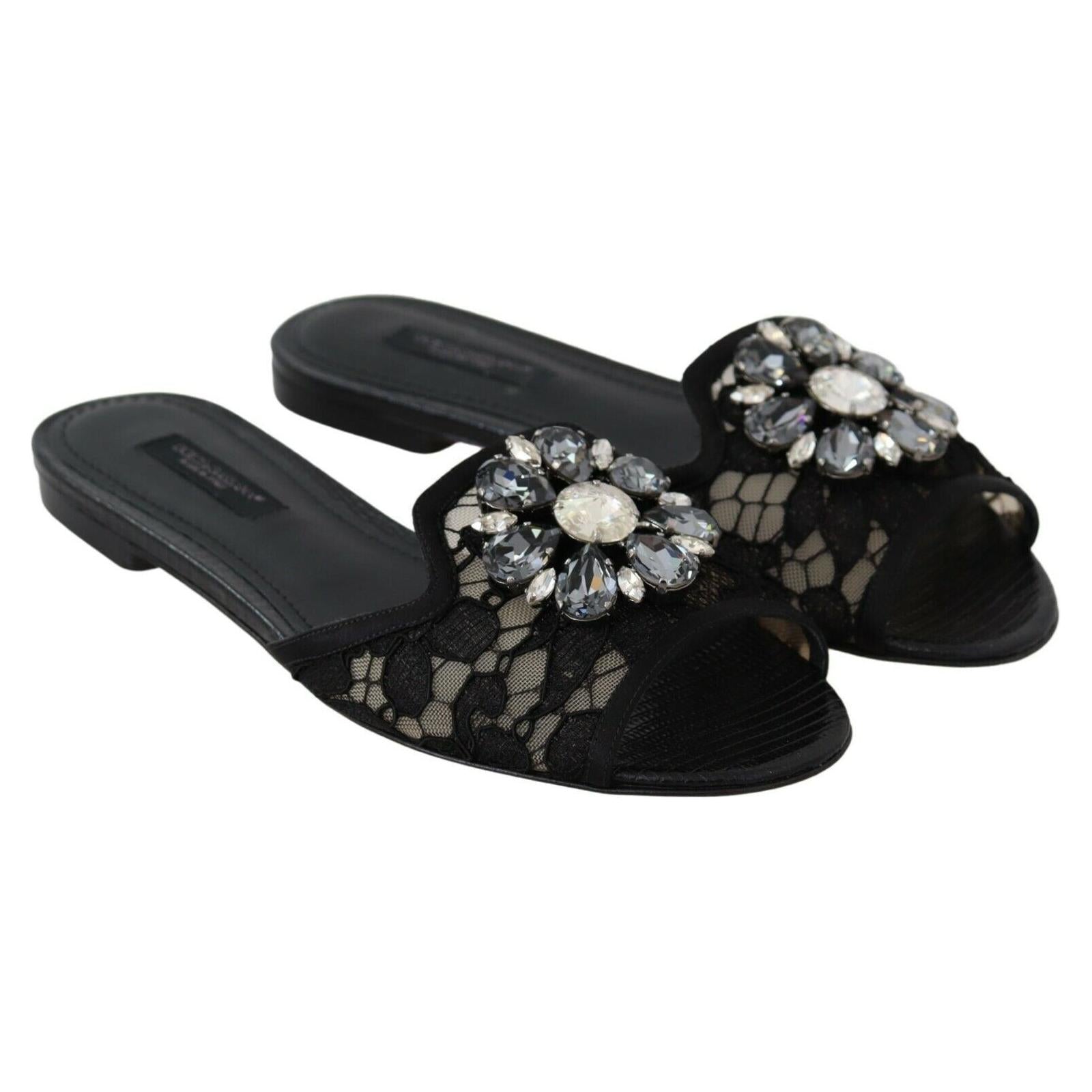 Elegant Black Lace Mules with Jewel Flower Detail