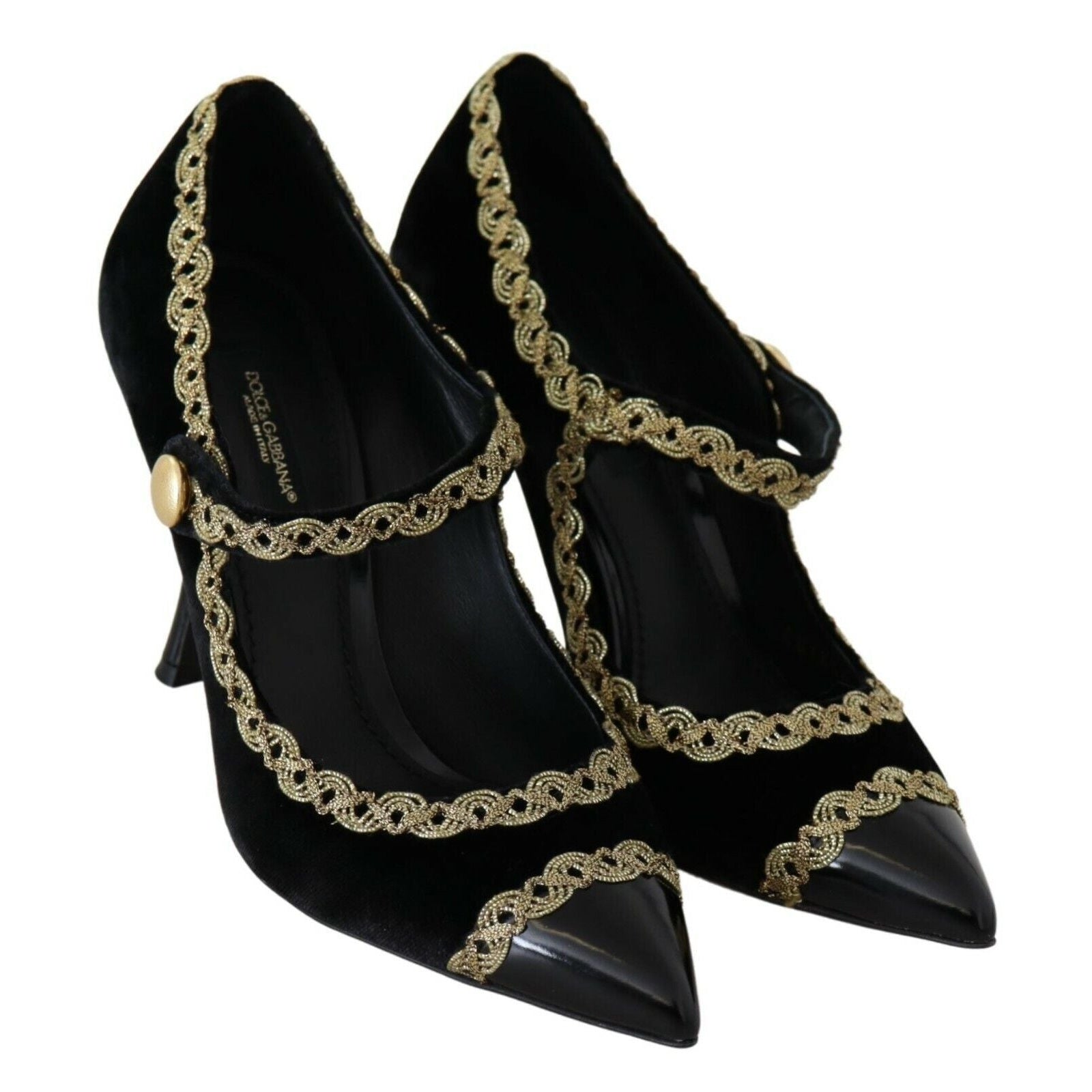 Elegant Gold-Embroidered Black Velvet Pumps