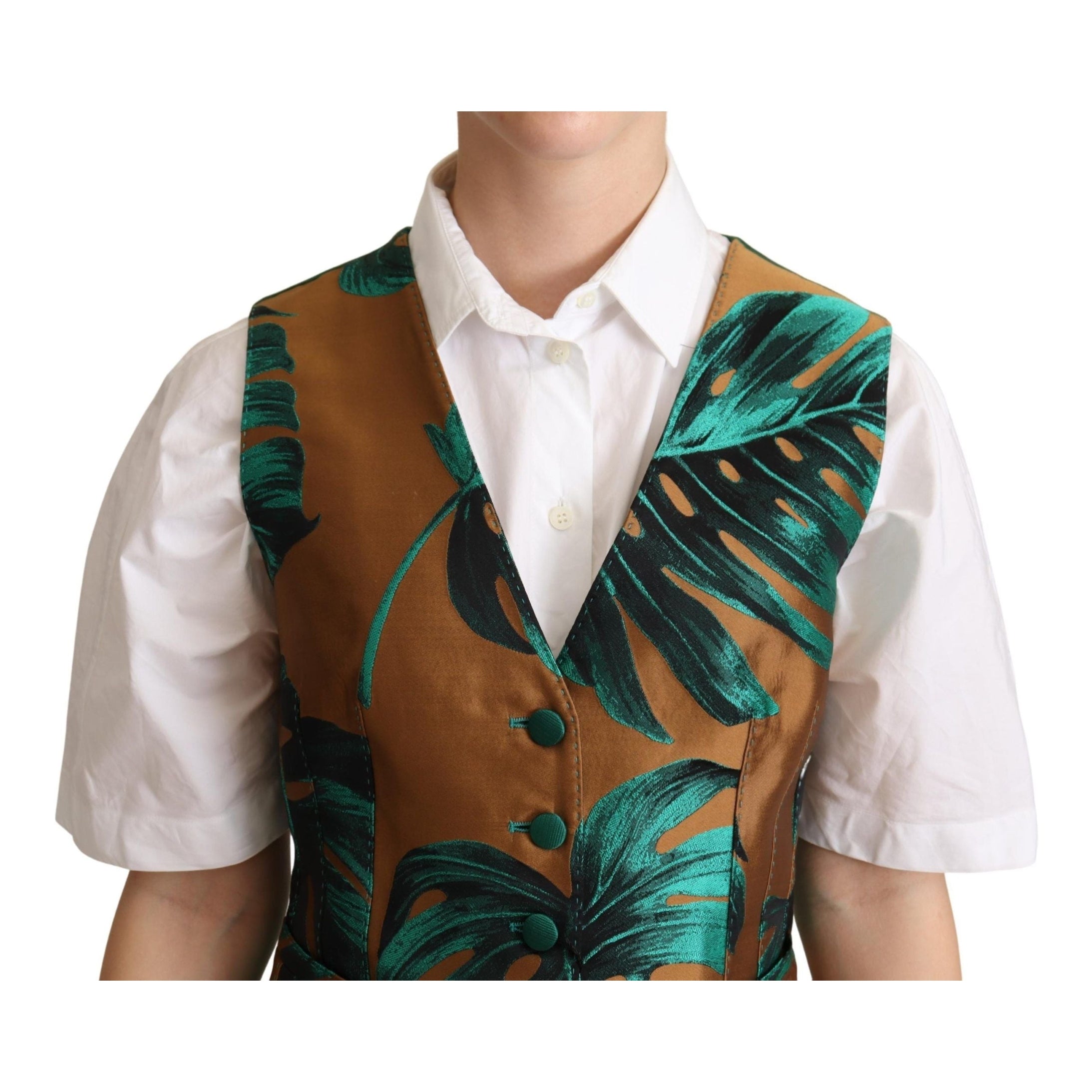 Elegant Green Leaf Print Waistcoat