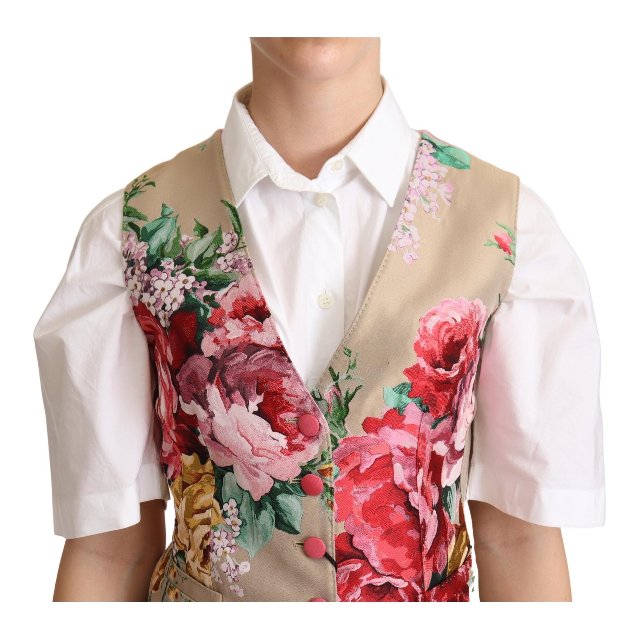 Elegant Floral Beige Sleeveless Vest