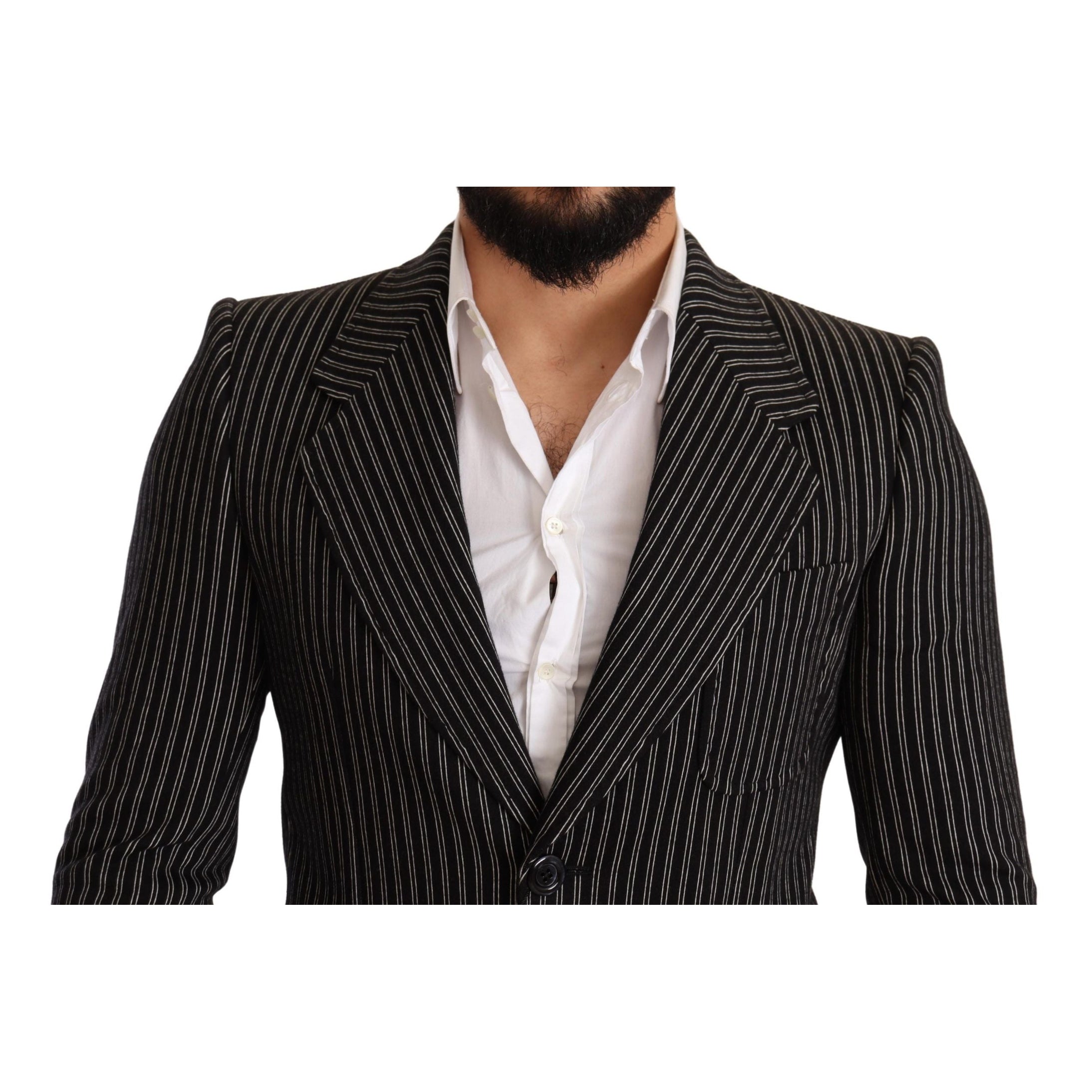 Elegant Black Striped Virgin Wool Blazer