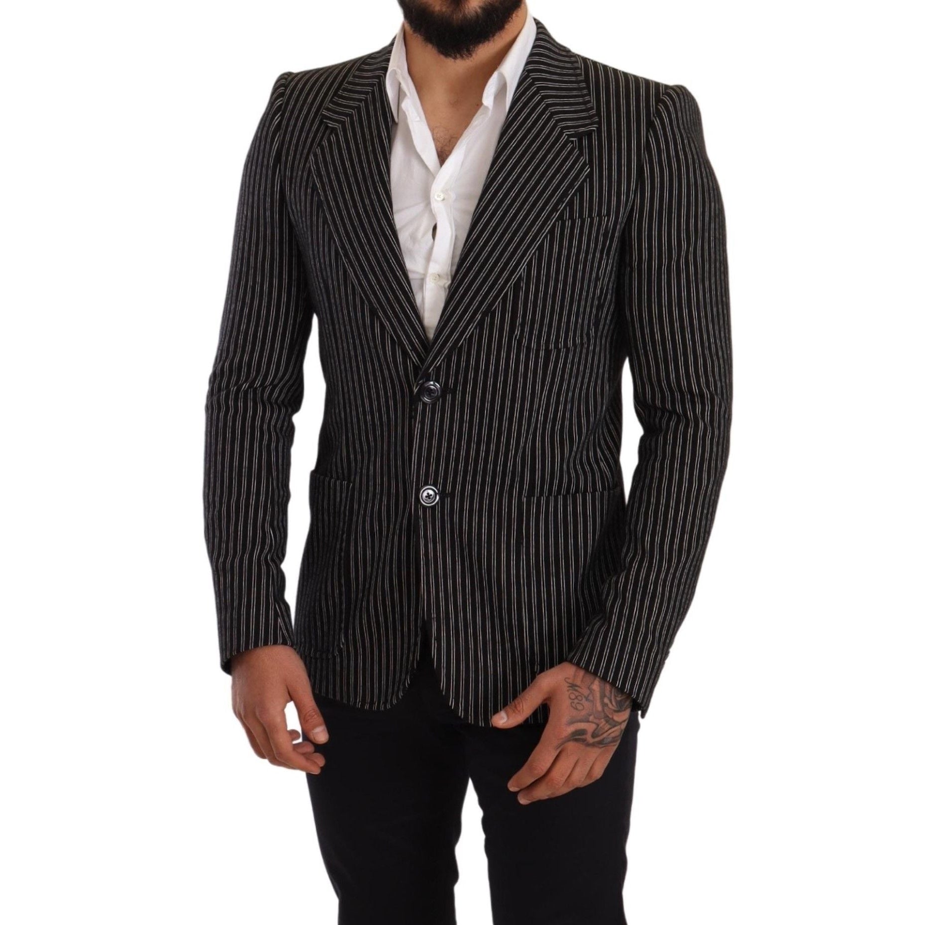 Elegant Black Striped Virgin Wool Blazer