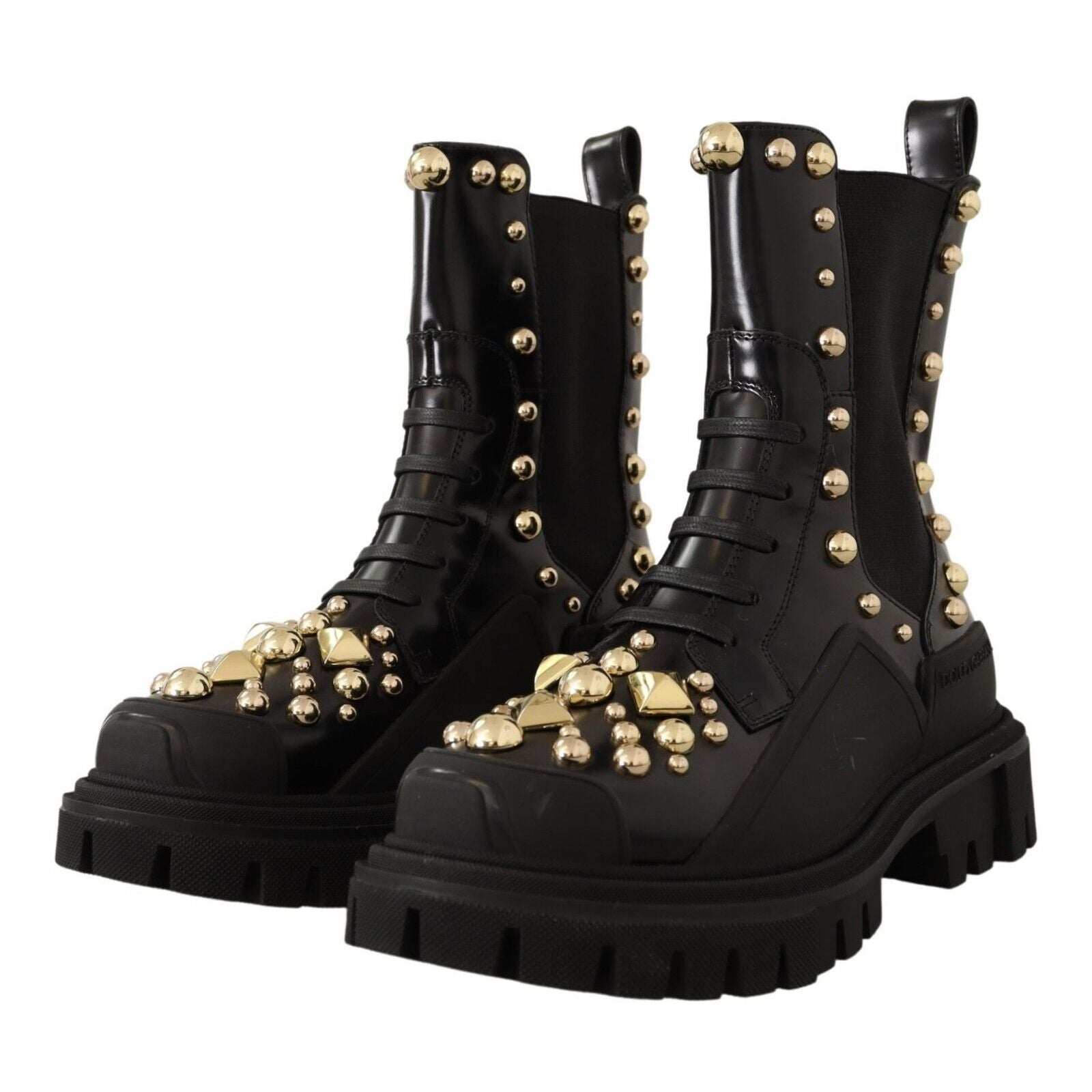 Studded Leather Combat Boots with Embroidery