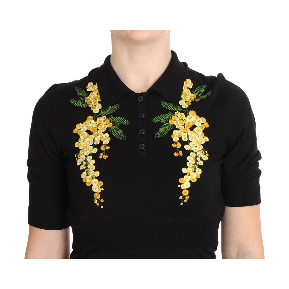 Elegant Black Silk Floral Polo Top