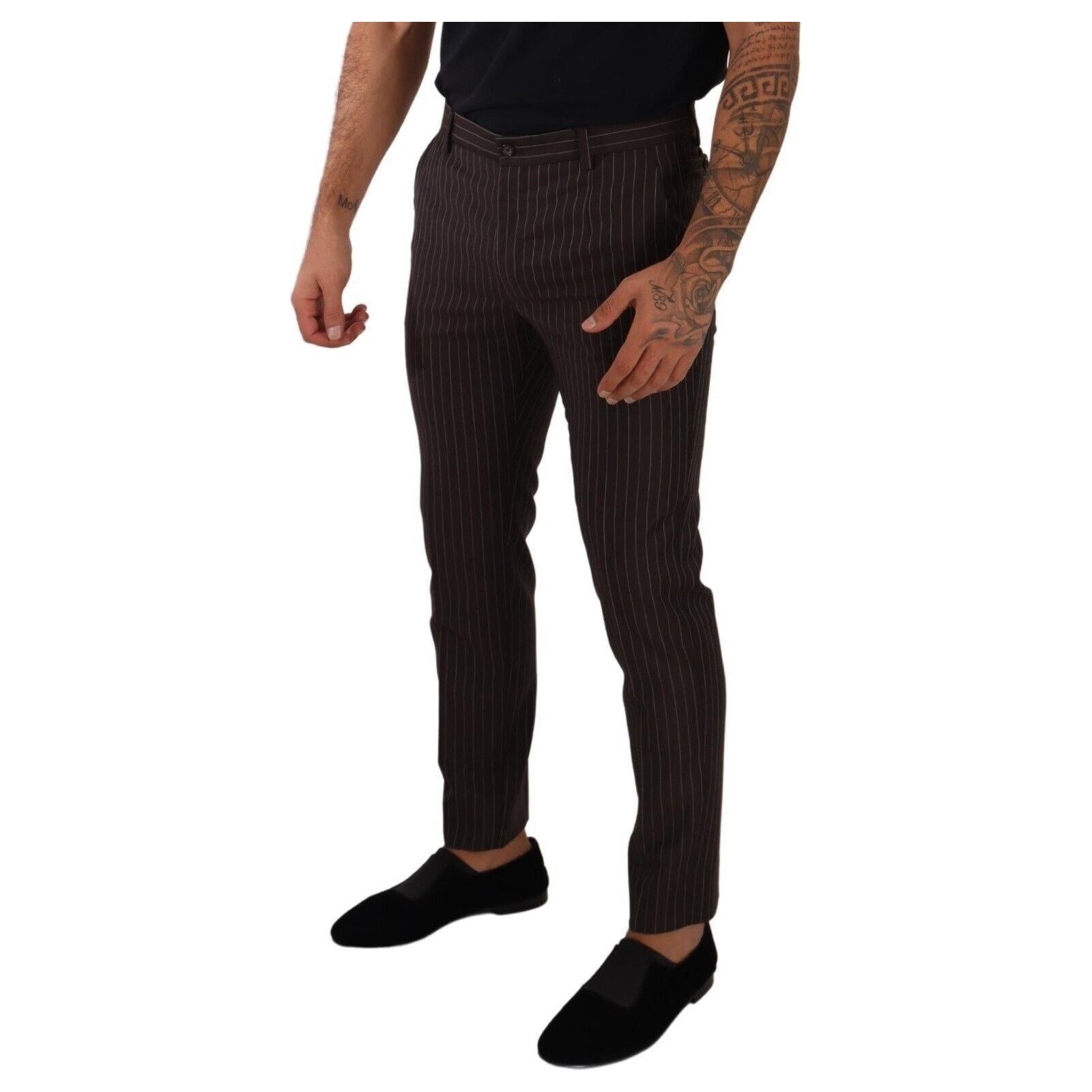 Elegant Brown Striped Woolen Men's Trousers