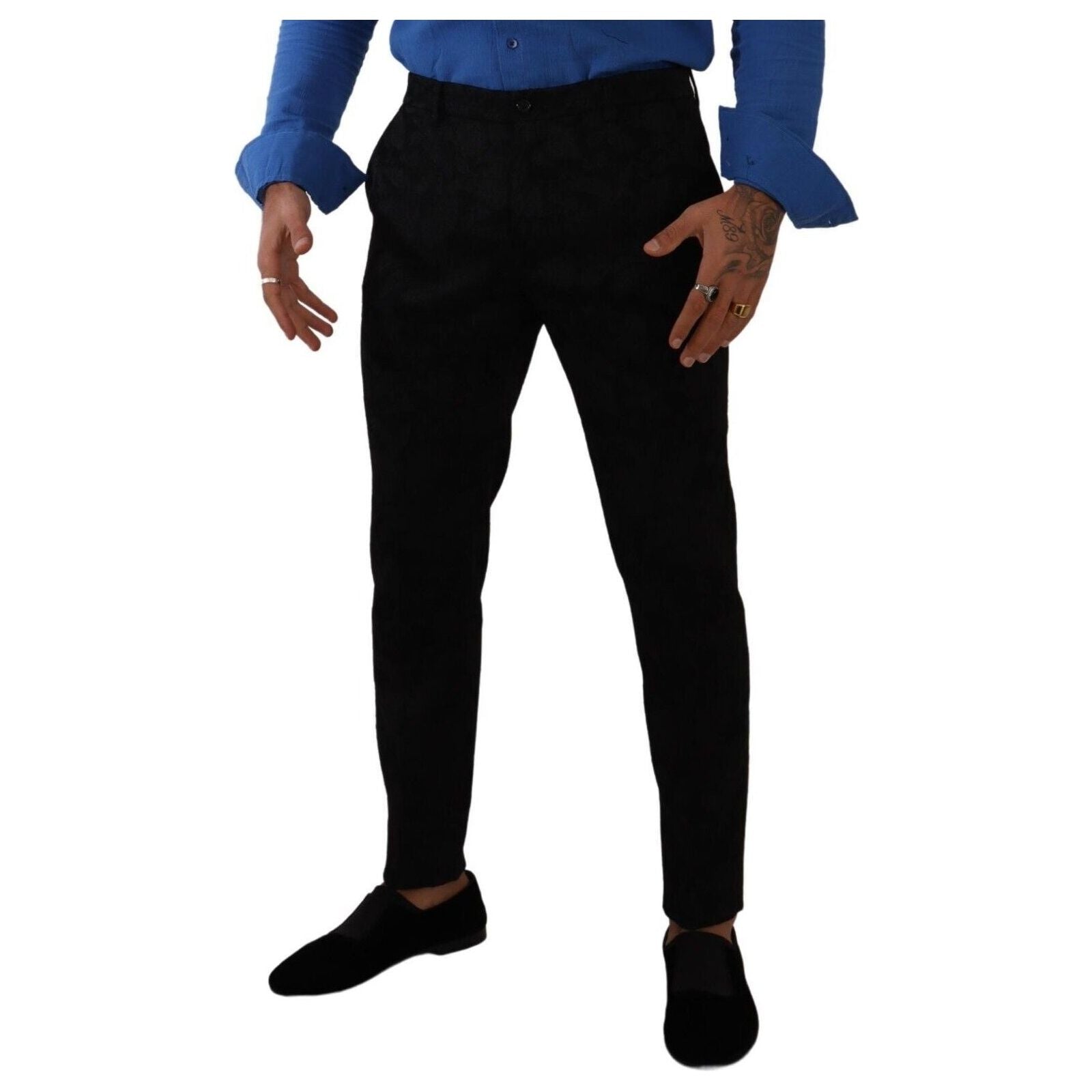 Elegant Slim Fit Dress Pants in Black Brocade