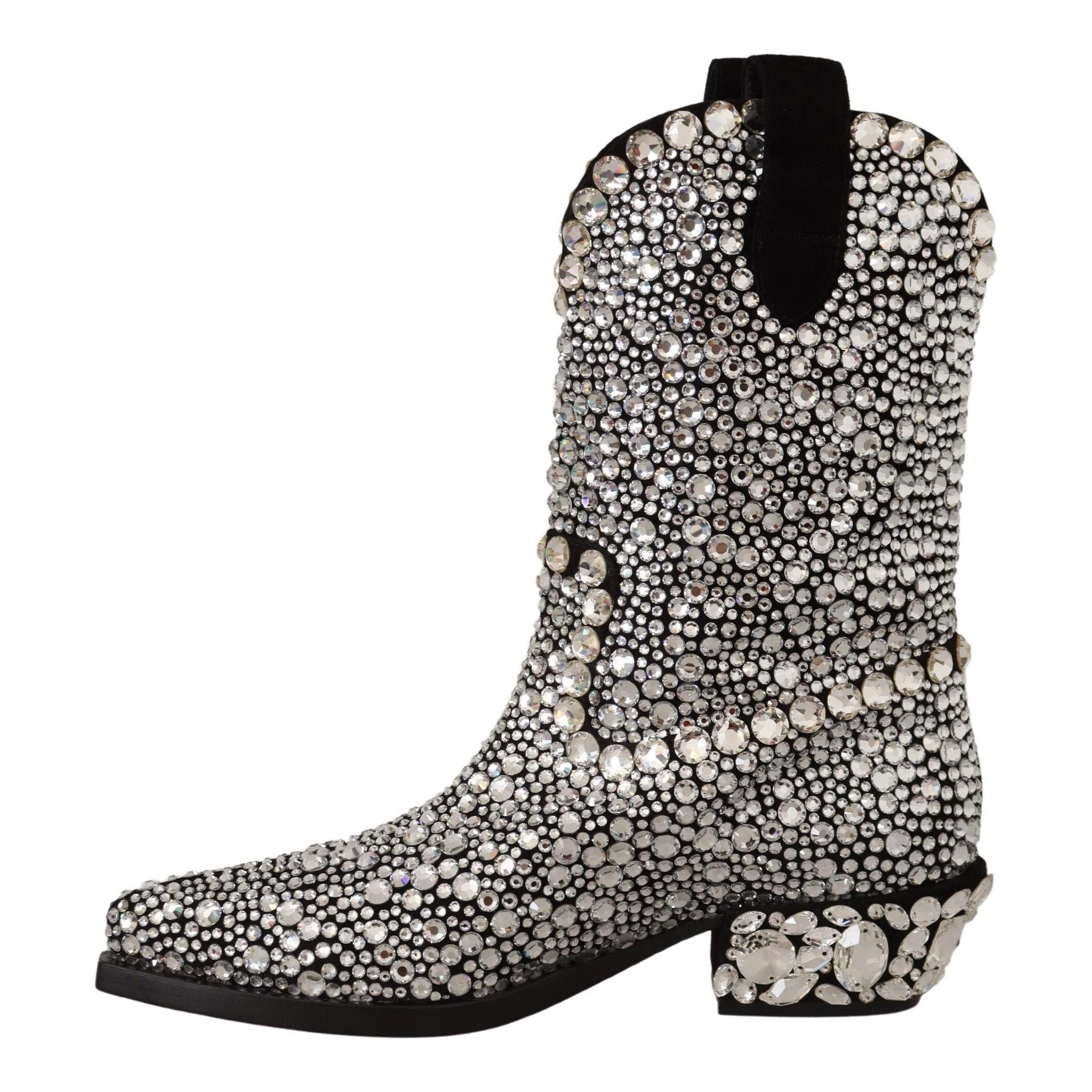 Crystal-Embellished Black Suede Boots