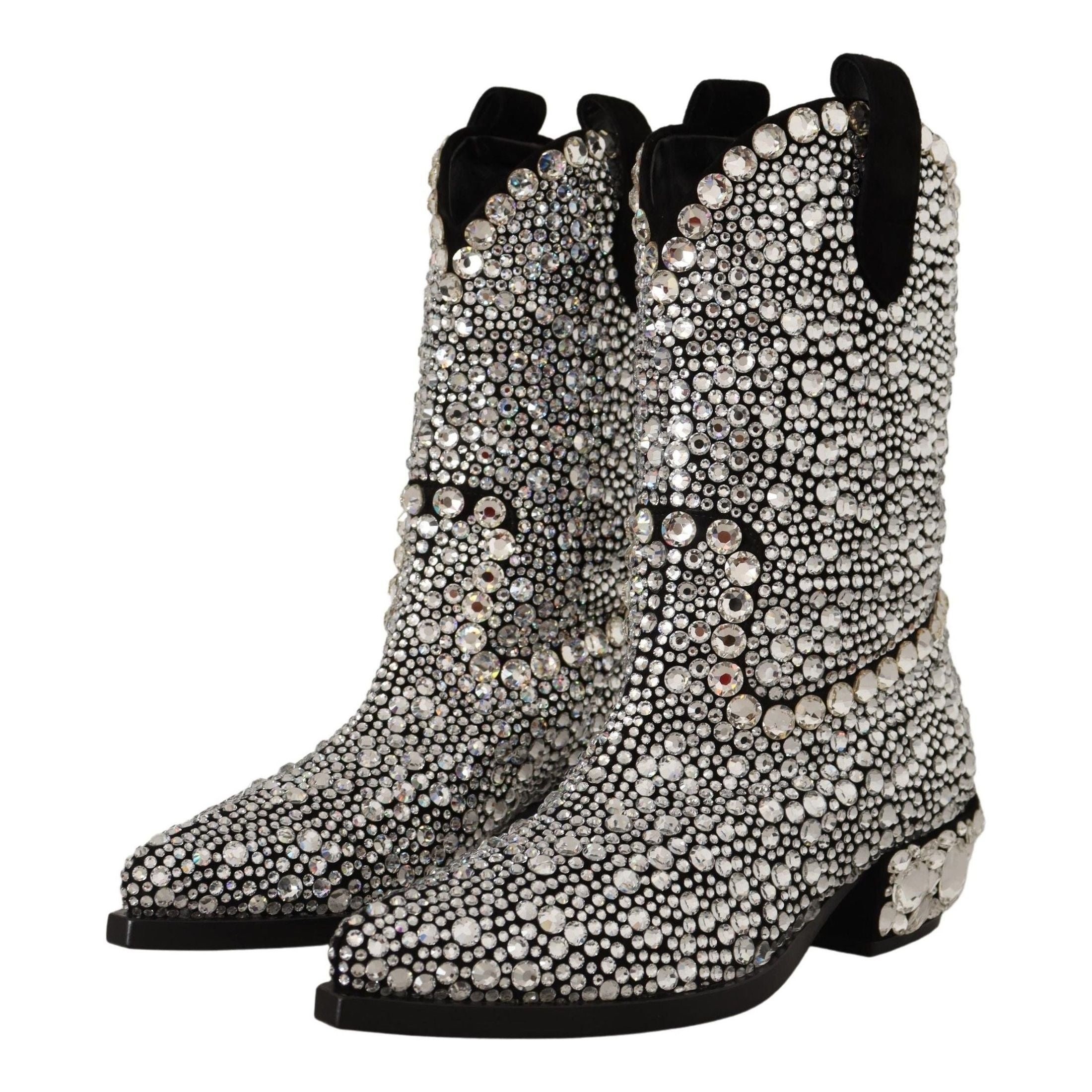 Crystal-Embellished Black Suede Boots