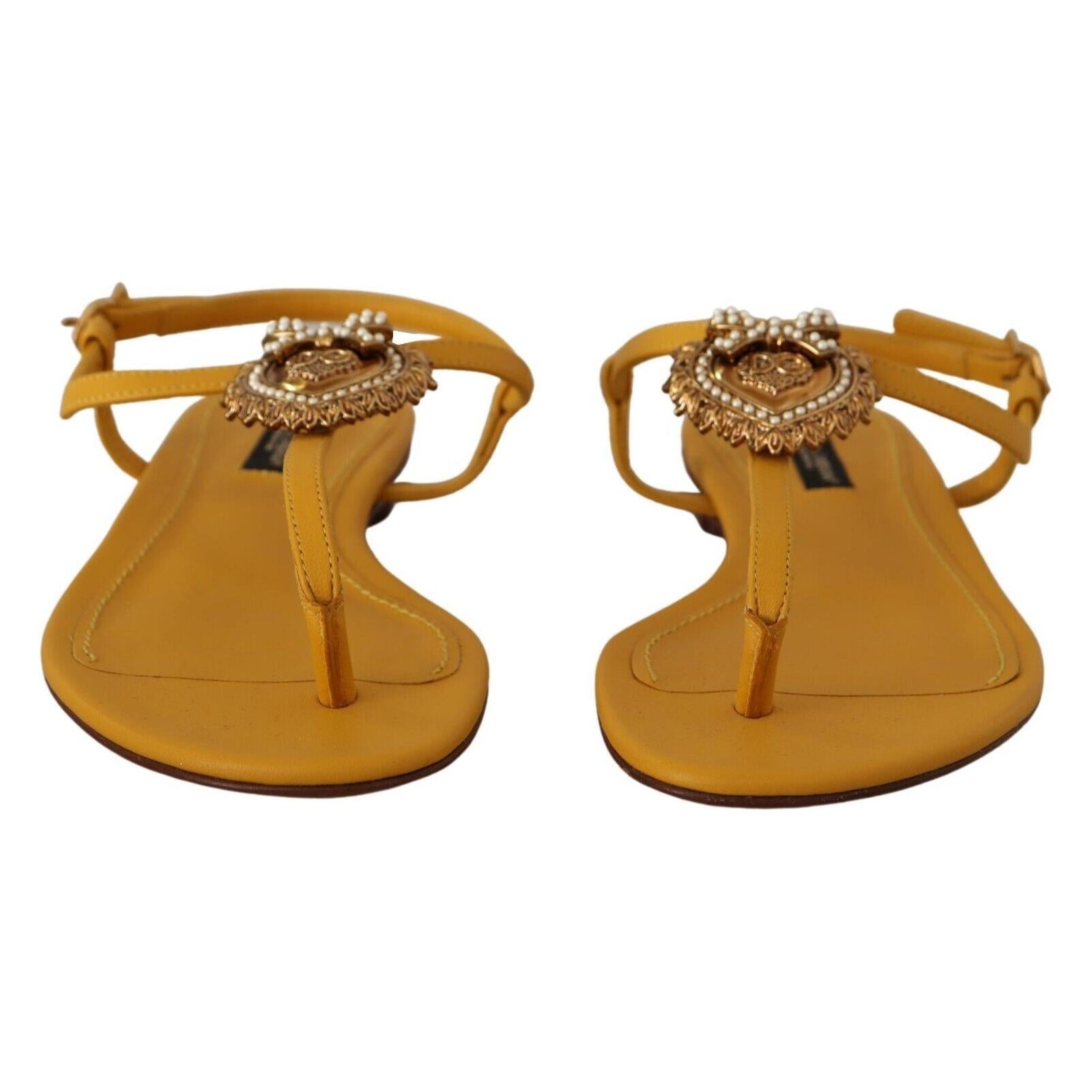 Mustard T-Strap Flat Sandals with Heart Embellishment