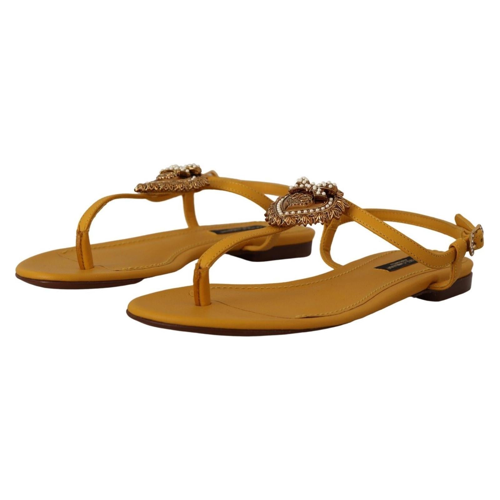 Mustard T-Strap Flat Sandals with Heart Embellishment