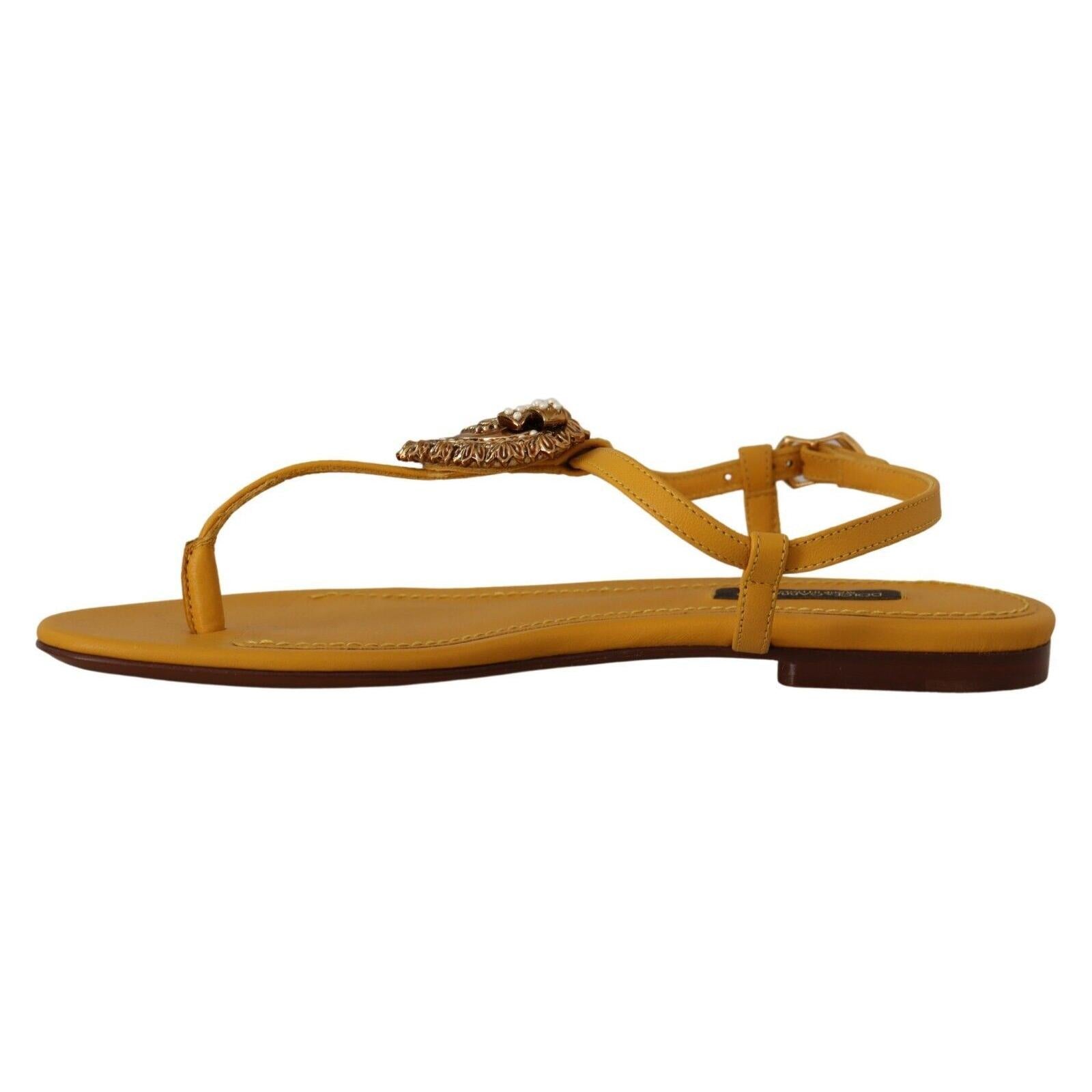 Mustard T-Strap Flat Sandals with Heart Embellishment