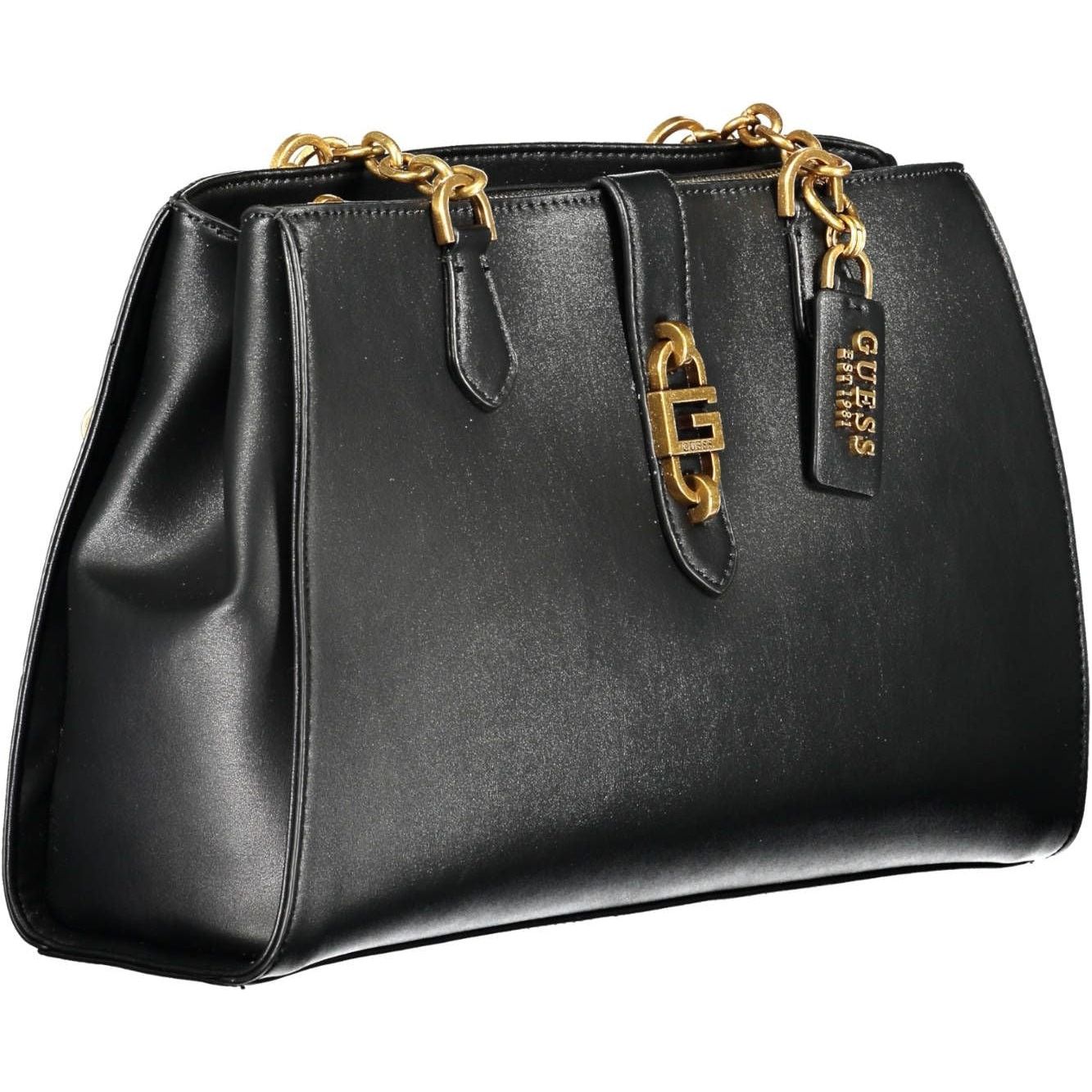 Chic Black Polyurethane Satchel with Contrasting Details