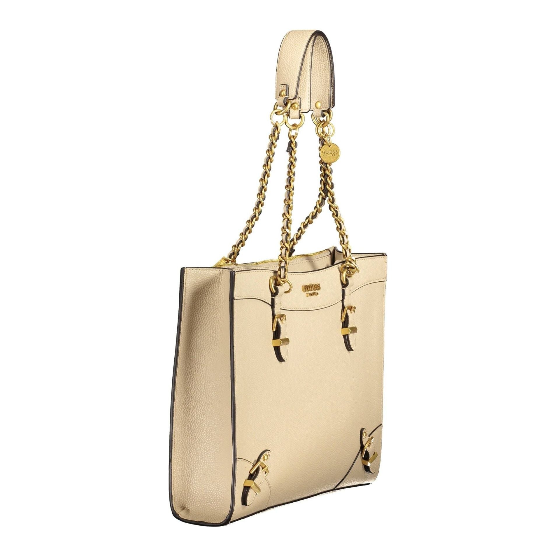 Beige Chain-Link Shoulder Handbag