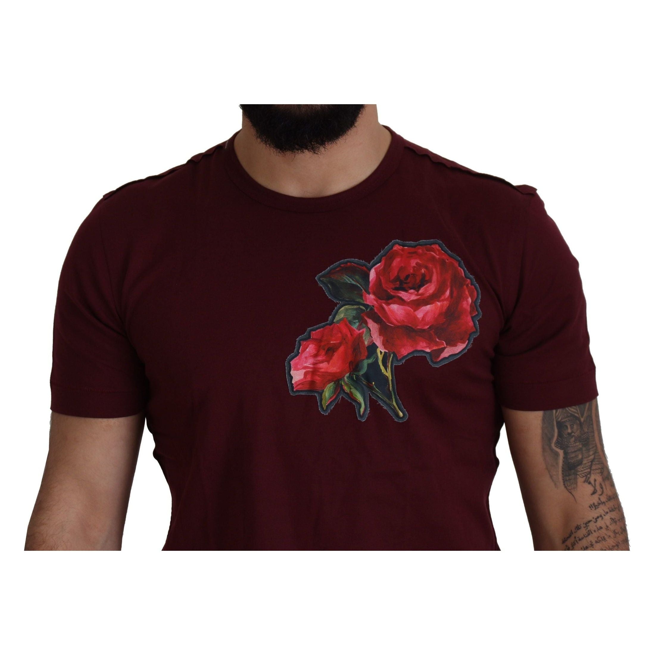 Elegant Bordeaux Roses Motif Crewneck Tee