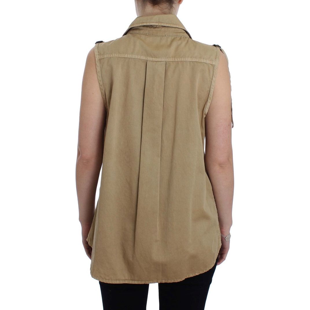 Beige Sleeveless Cotton Blouse